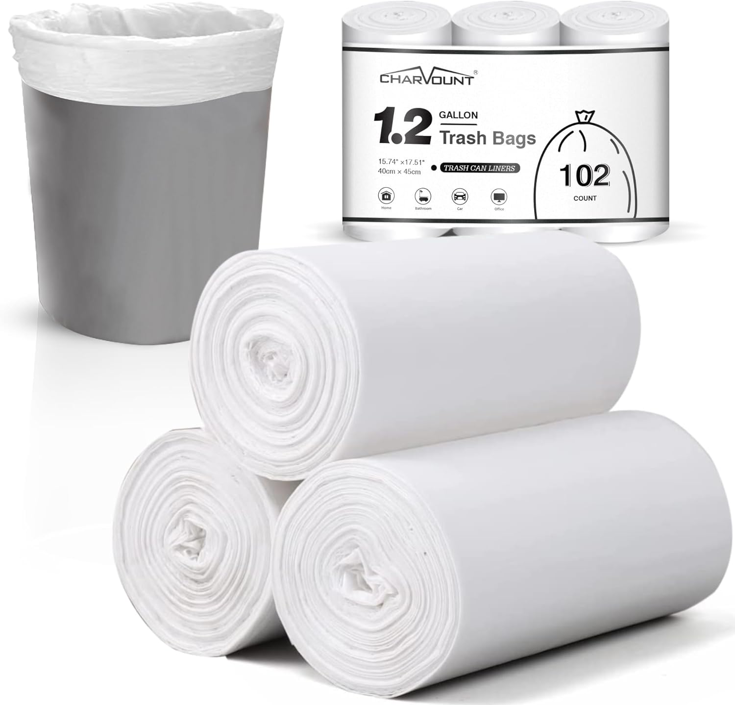 Charmount Bolsas de basura pequeñas de 1.2 galones, 102 bolsas de basura para baño, se ajustan a 4.5-5 litros transparentes