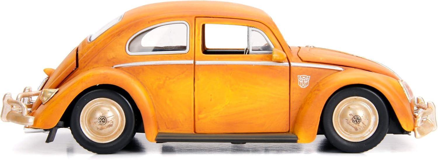 Jada Toys 253115000 Transformers Bumblebee VW Beetle Coche de juguete de fundido, puertas abiertas, bota y capó, figura de Charlie, escala 124,