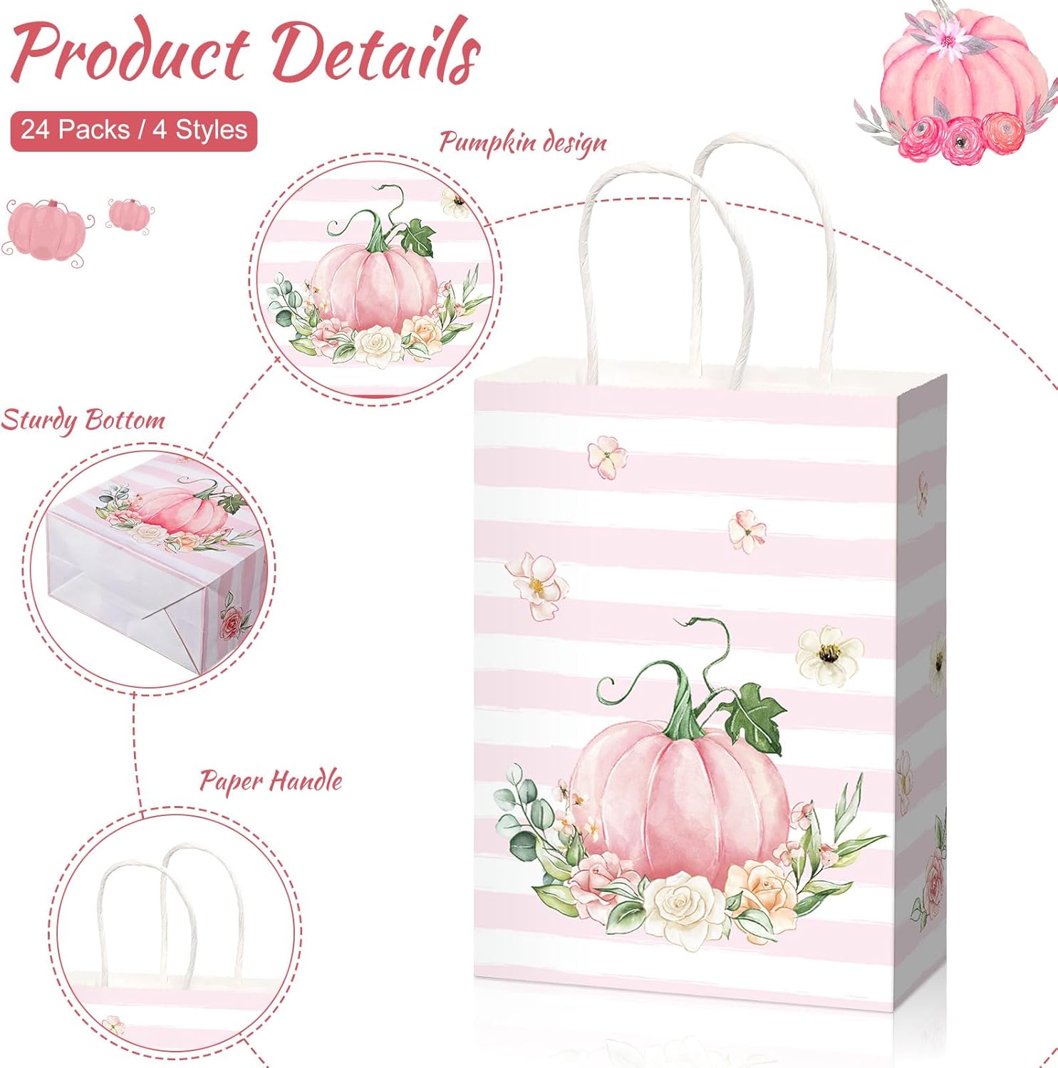 Capoda 24 bolsas de regalo de Acción de Gracias, bolsas de regalo de calabaza rosa a granel con asa y papel de seda, bolsas de agradecimiento,