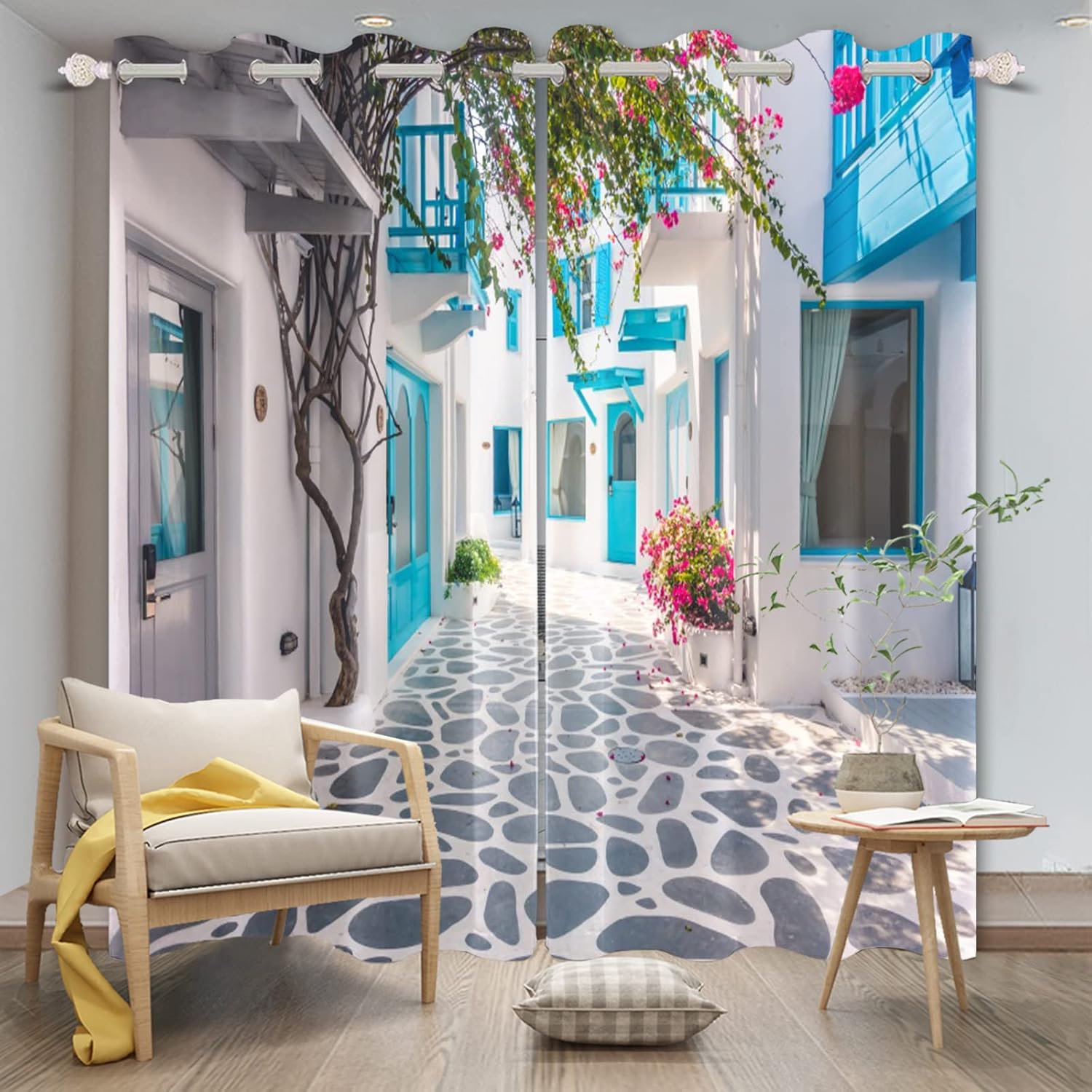 AWERT Grecia Santorini – Cortinas opacas con diseño de arquitectura azul, hermoso paisaje europeo, cortinas de ventana para sala de estar y