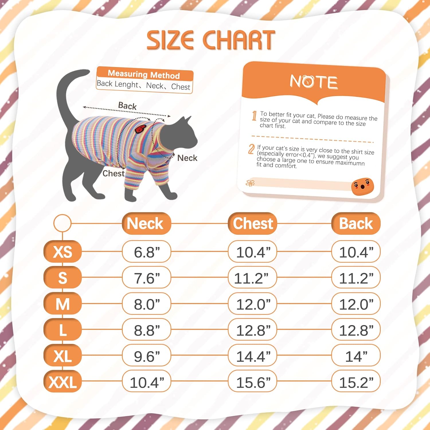 Bonaweite Sphynx Camisa de gatos sin pelo, Cornish Rex Kitten Rainbow Stripe Camisetas con mangas, suéter de cuello alto transpirable para gatos,