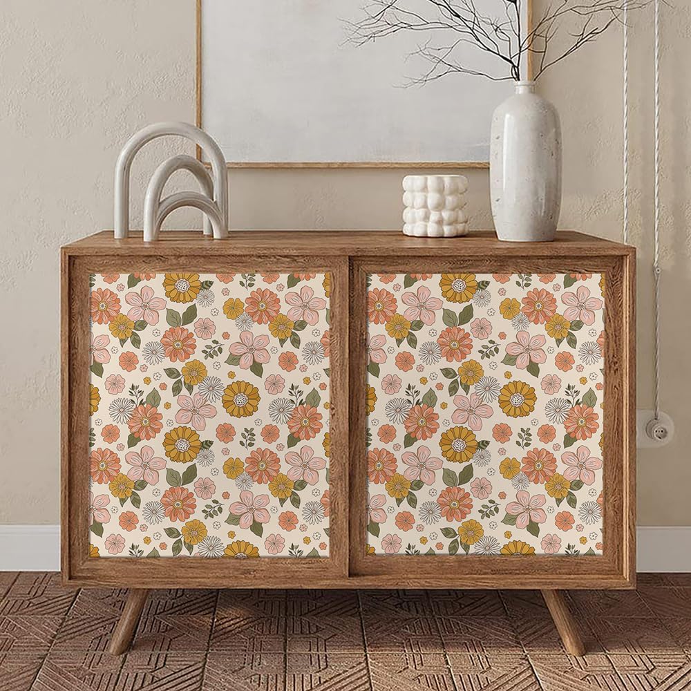 Papel tapiz bohemio naranjacrema con margaritas florales para despegar y pegar, fácil de despegar, vintage, autoadhesivo, extraíble, para armario de