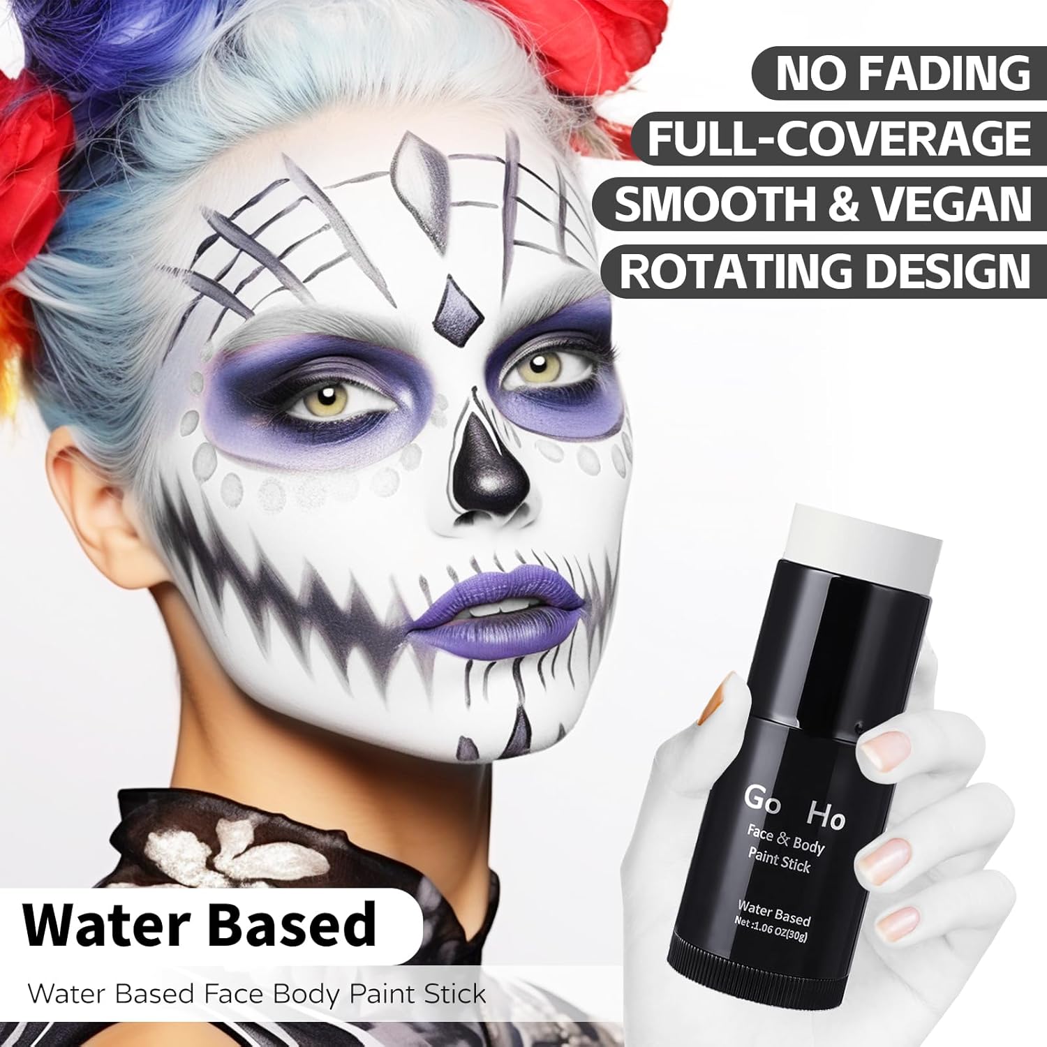 Go Ho Pintura facial blanca en barra para el cuerpo, a base de agua, lavable, no tóxica, cobertura completa, color blanco crema, para adultos,