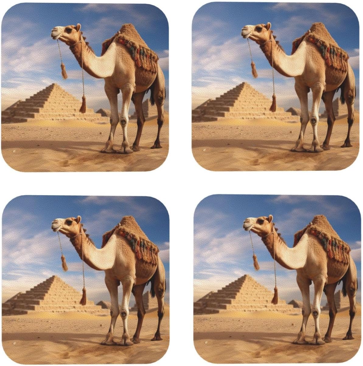 Camel Print Leather Coaster Drink Coasters Set of 4 Waterproof Funny Coaster for Drinks Round Cups Mugs Mat Pad for Kitchen Home Decor