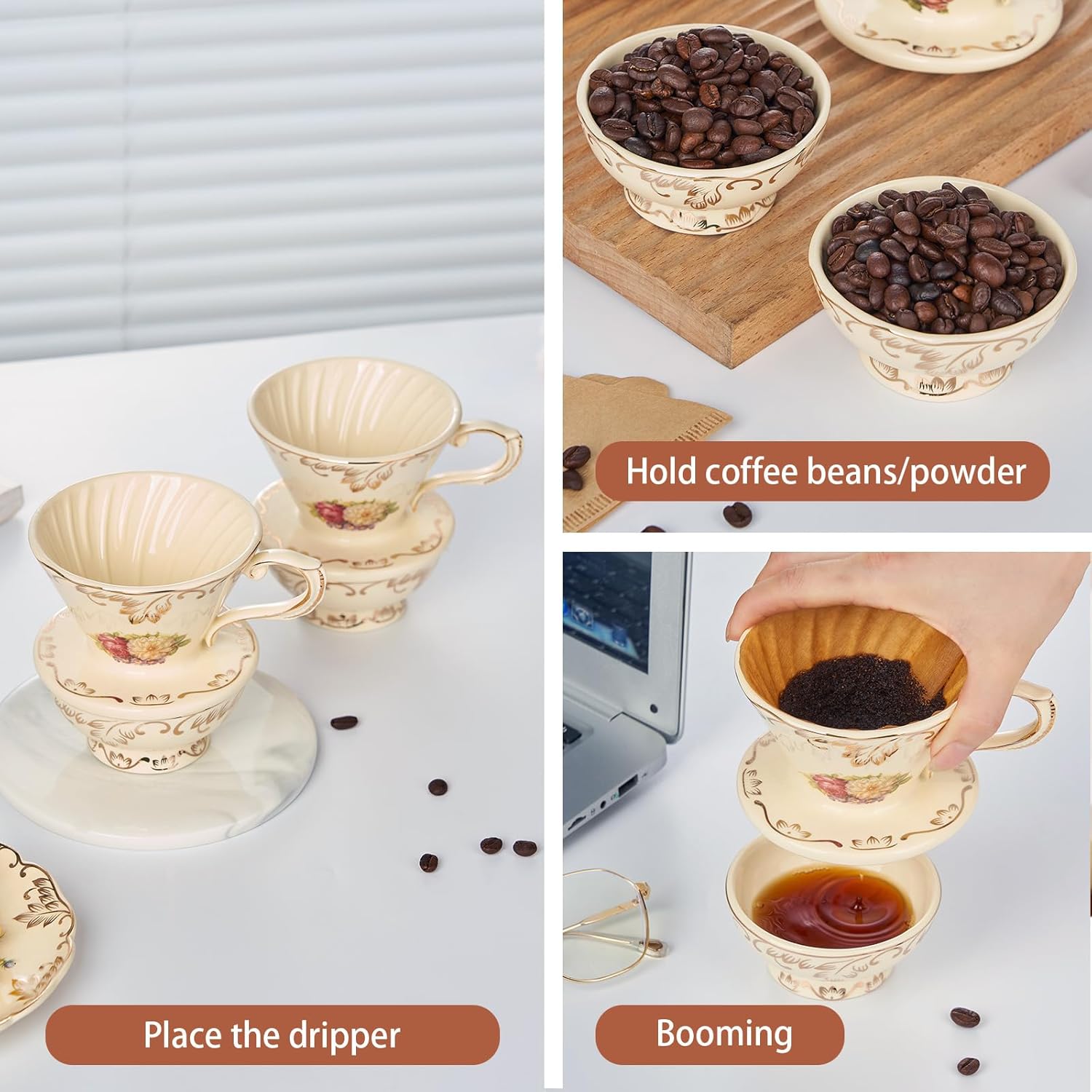 YOLIFE Floarl – Juego de gotero de café, cafetera de cerámica con diseño de cono, 1 taza, regalo para mujeres (arbustos florecientes)