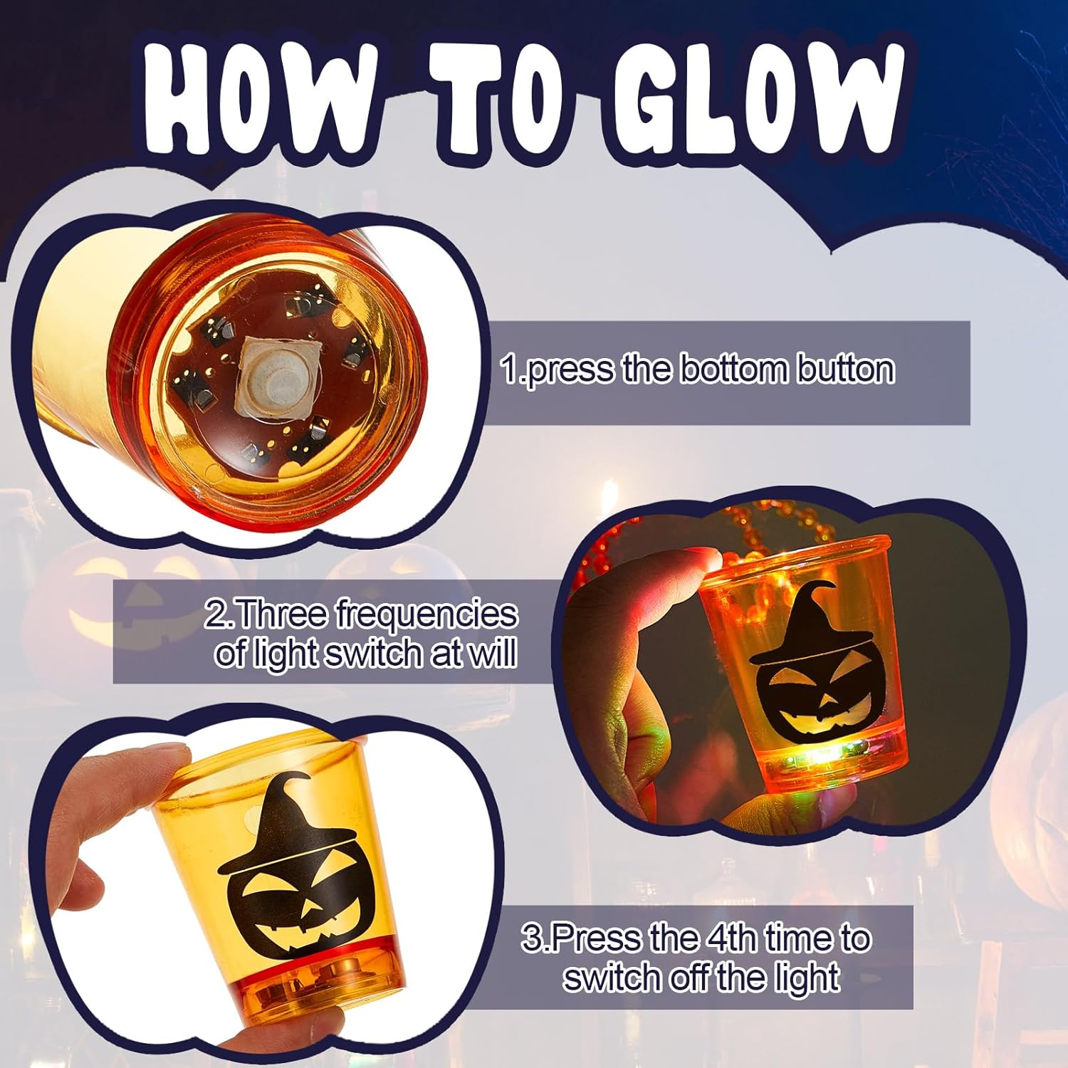 12 piezas de cristal de chupito de Halloween con luz LED, collar de cuentas, vasos de chupito de plástico que brillan en la oscuridad, collares de