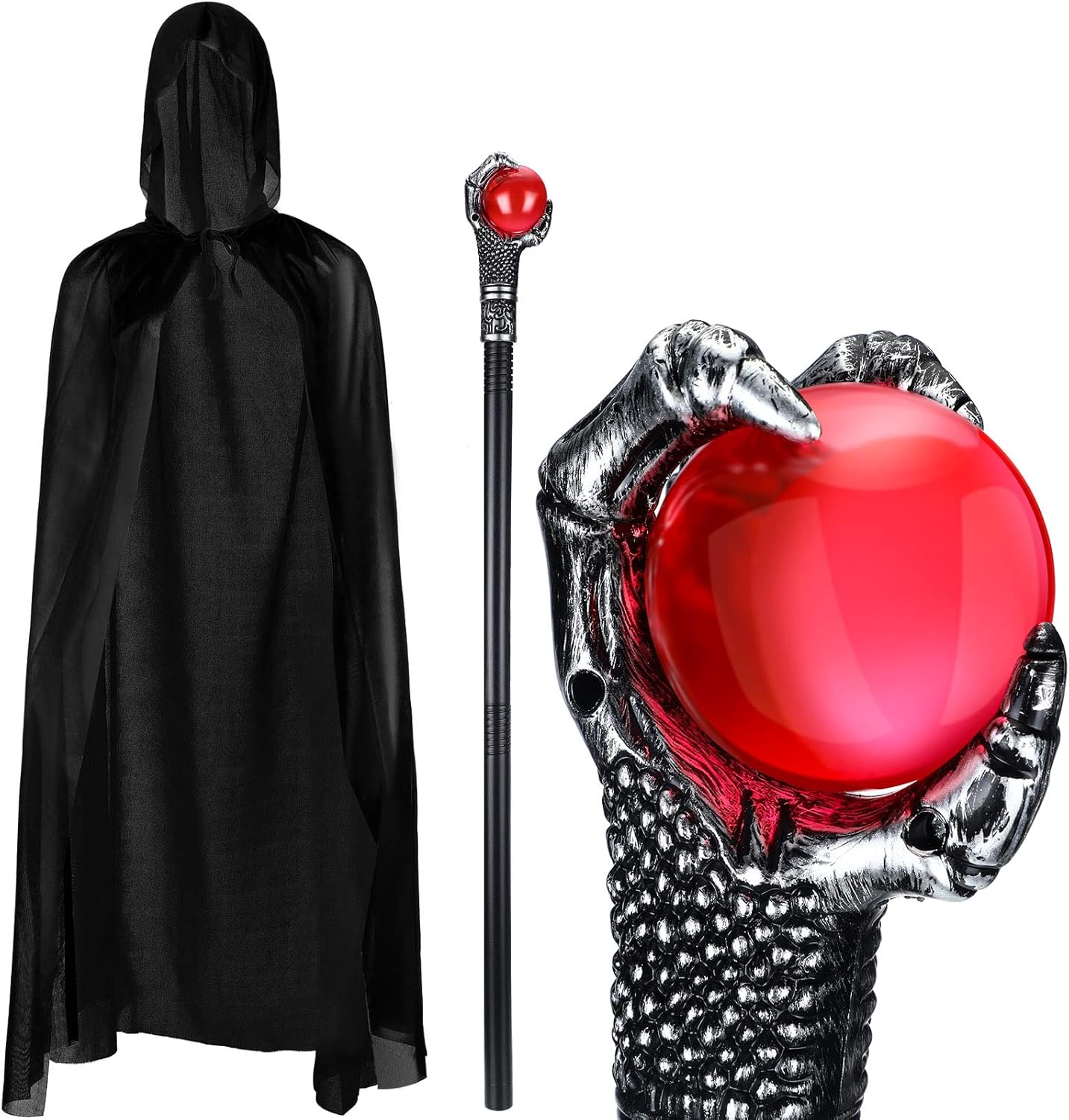 Juego de 2 accesorios de disfraz de mago, incluye garra de dragón de fuego, orbe rojo, accesorio decorativo, bastón para caminar y capa con capucha,