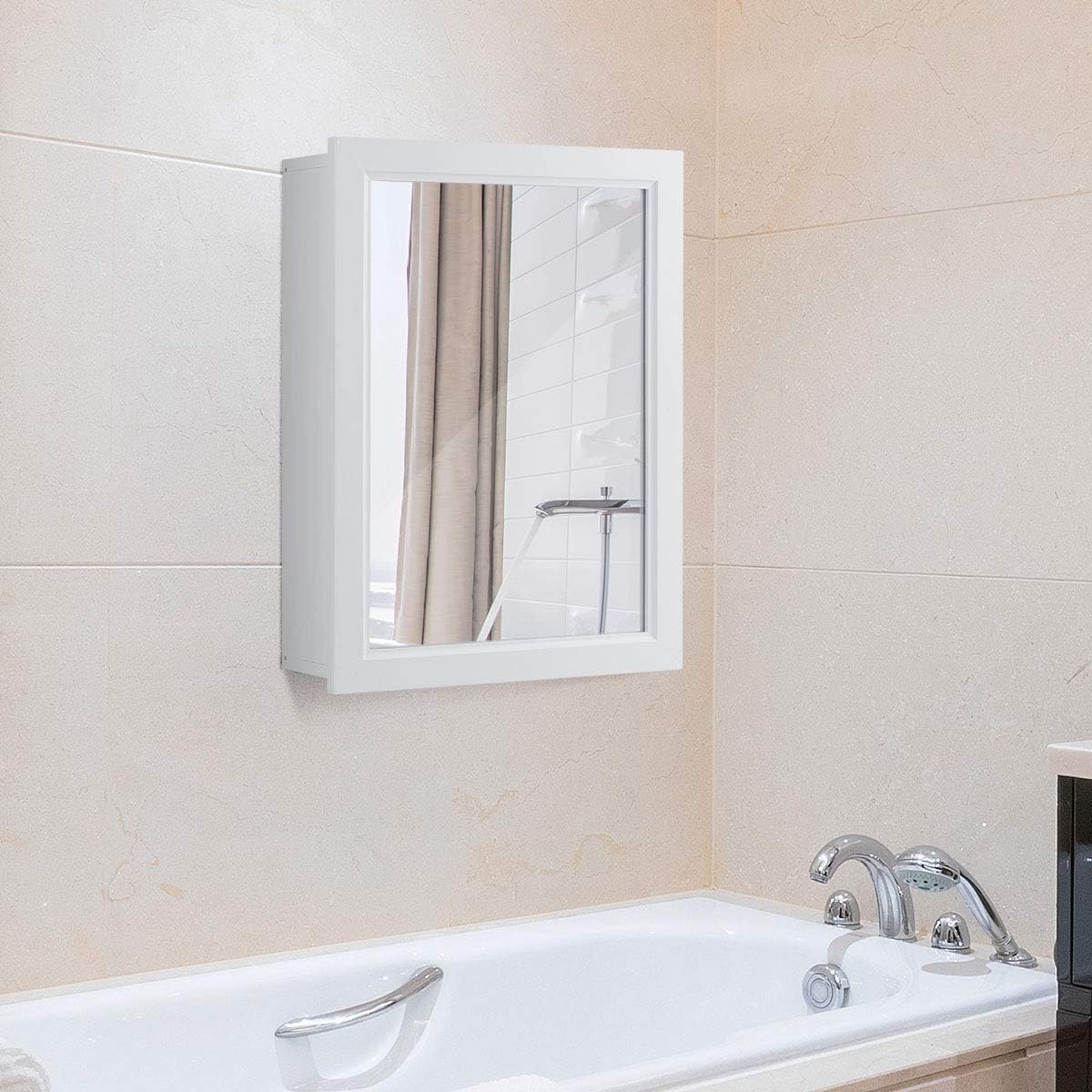 GOFLAME Botiquín de baño, armario de almacenamiento con espejo de montaje en pared con una sola puerta y estante ajustable, organizador de madera