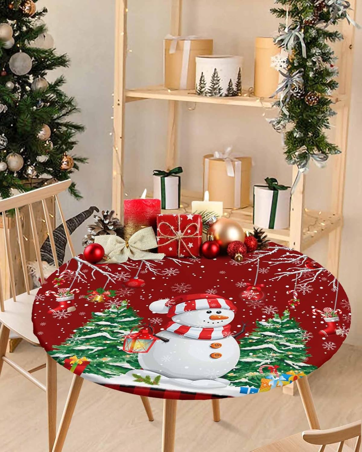 Mantel redondo ajustable con diseño de muñeco de nieve de dibujos animados para mesas de comedor, mantel con bordes elásticos, árboles de Navidad de