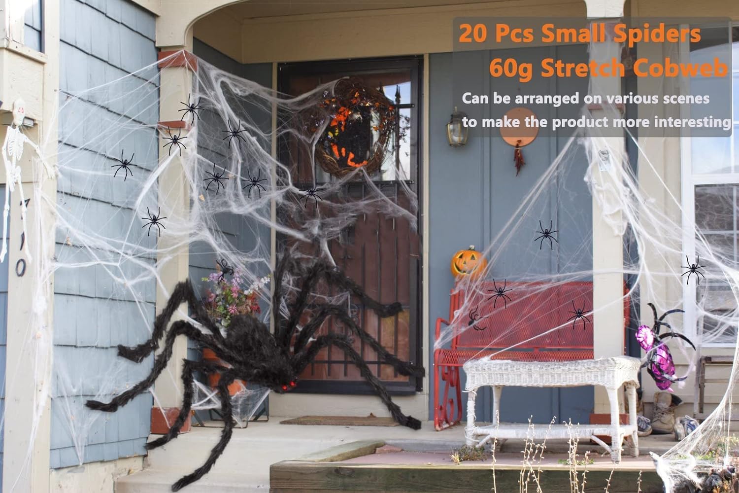 KRRFDP Decoración de Halloween de telaraña de 200 pulgadas, araña gigante aterradora de 60 pulgadas con 20 piezas de mini araña y telaraña elástica