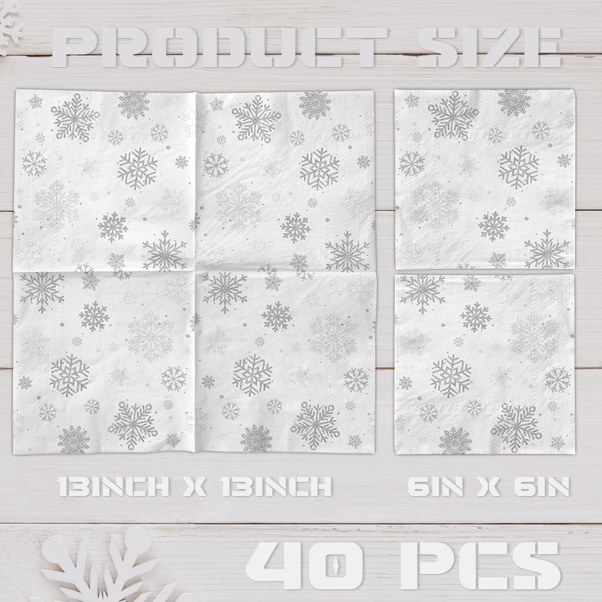 40 servilletas de Navidad con copos de nieve, decoración de fiesta, copos de nieve de invierno, color gris plateado, tema del país de las