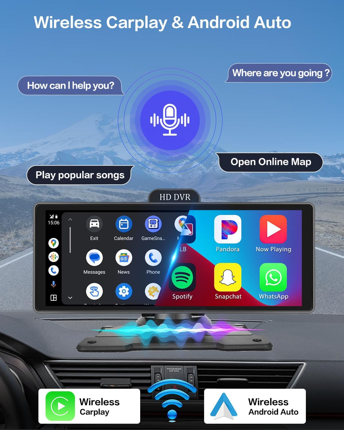 Pantalla Apple Carplay de 10.26 pulgadas con cámara frontal 4K y cámara trasera de 1080P, pantalla Hikity portátil inalámbrica Android Auto para