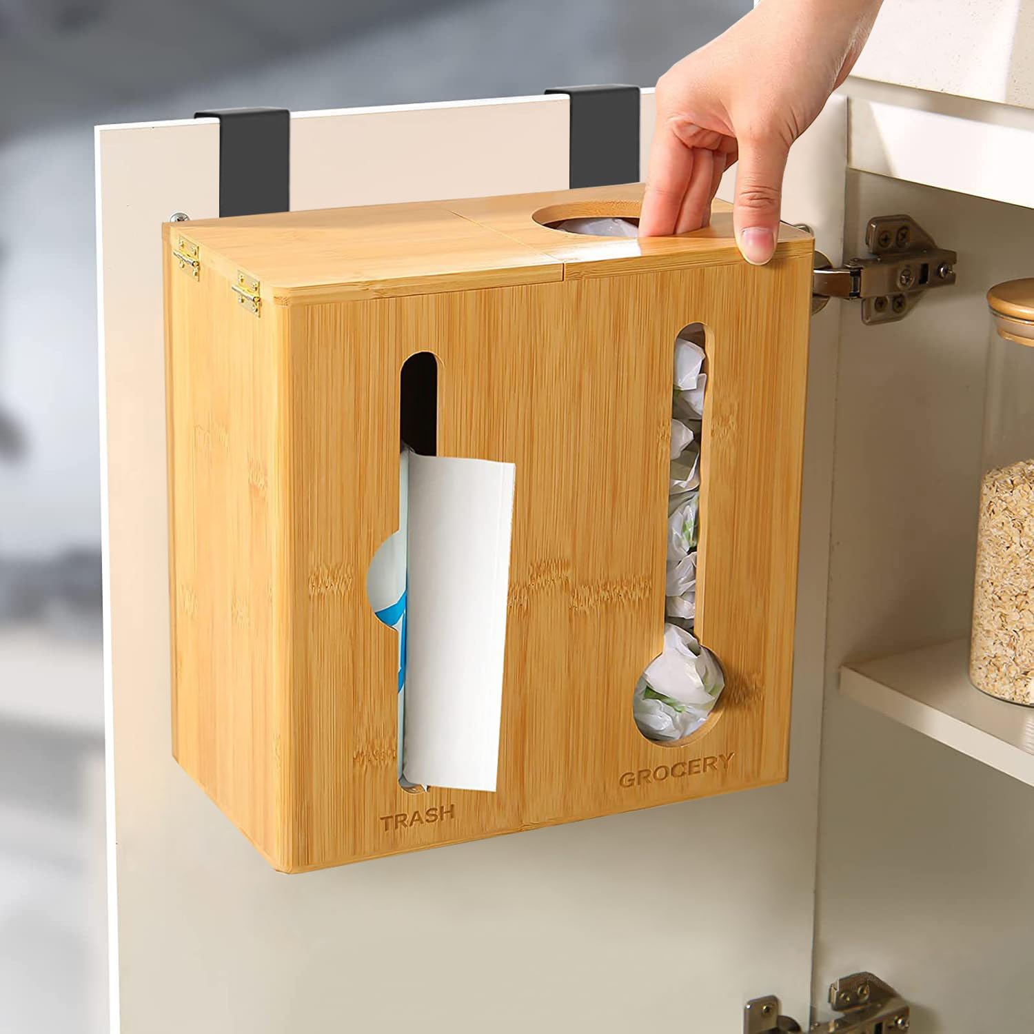 Dispensador de bolsas de basura 2 en 1 y soporte para bolsa de comestibles  Montado en la pared de bambú  Organizador de bolsas de basura y soporte
