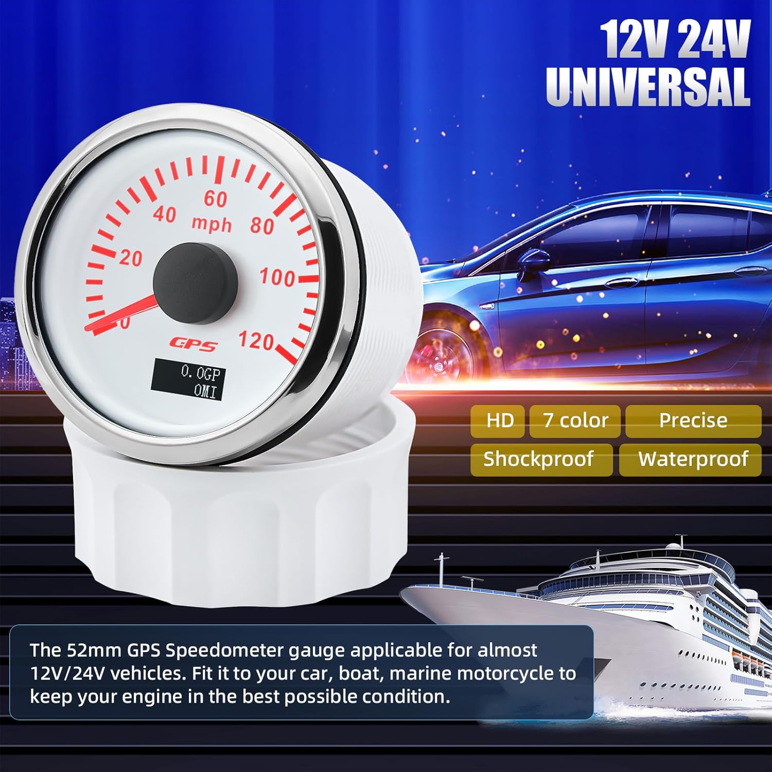 ARTILAURA 2.047 in 2-16 “GPS velocímetro barco GPS velocímetro odómetro coche 120MPH 7 color impermeable marino digital GPS medidor 9-32V (blanco)