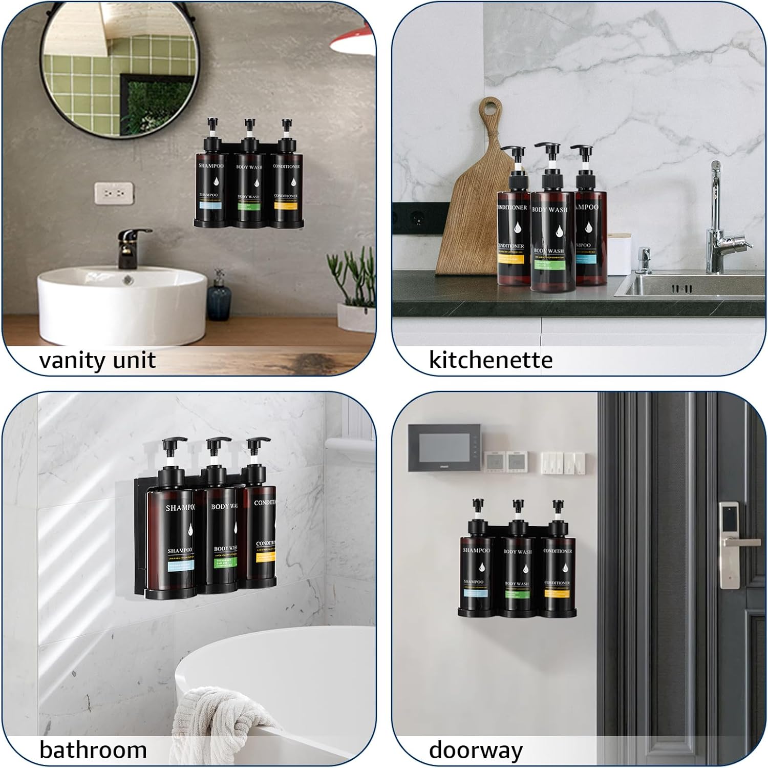 Dispensador de champú y acondicionador, dispensador de jabón de ducha, sin taladro, 3 cámaras, dispensador de champú para montar en la pared con