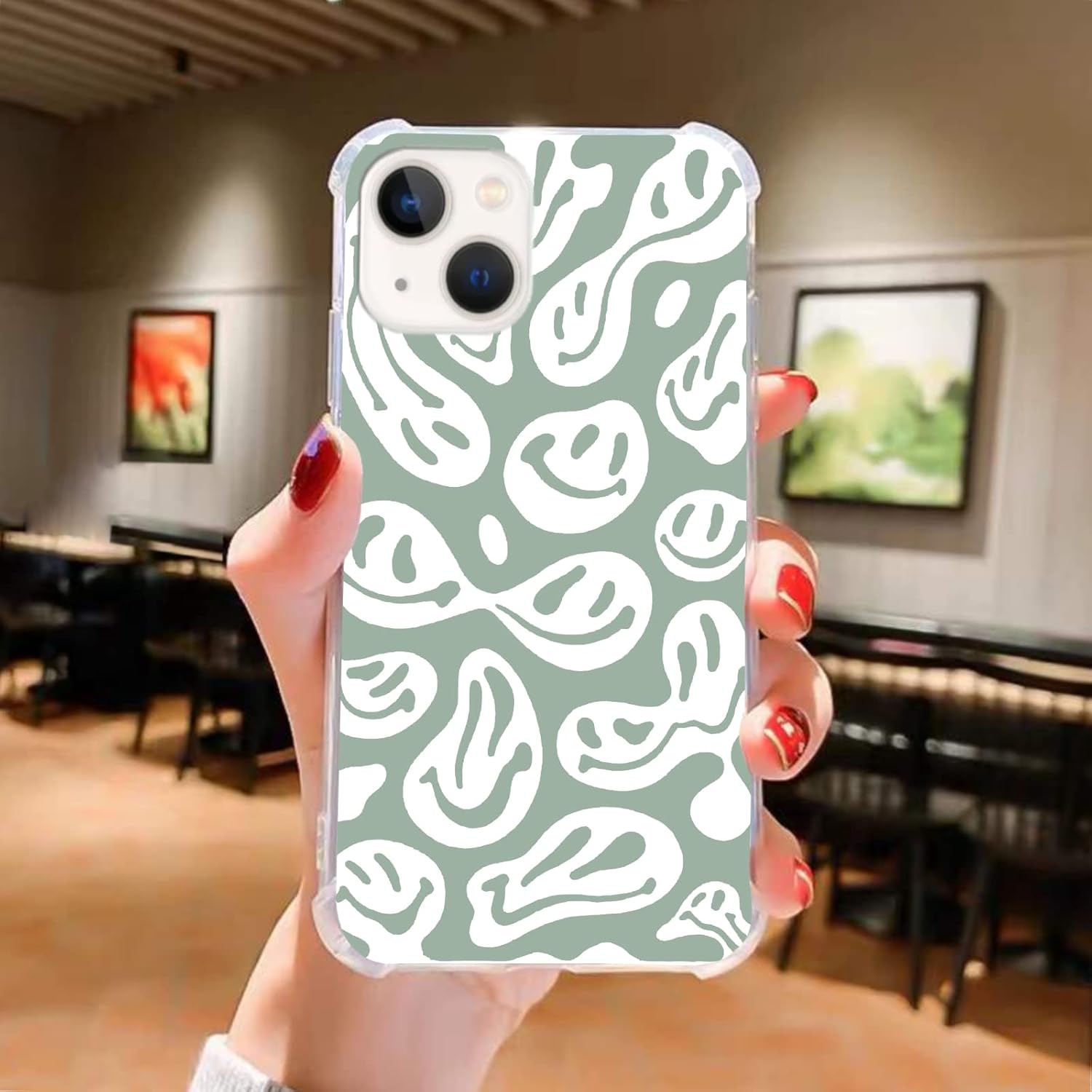 Funda estética verde salvia con sonrisa trippy compatible con iPhone 15, bonita funda de TPU para iPhone 15 para adolescentes, mujeres y hombres,