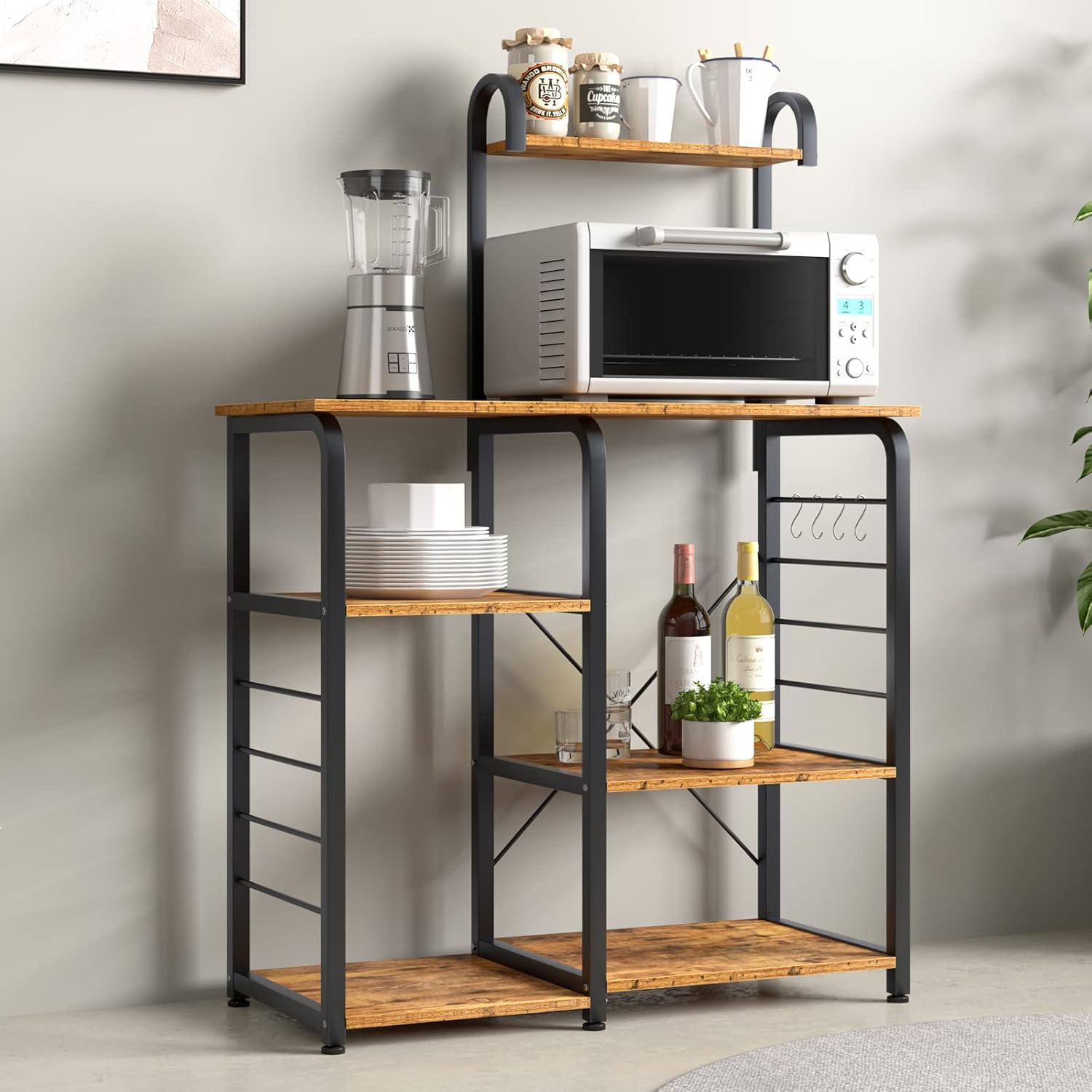 SDHYL Barra de café, estante para horno de 35 pulgadas, soporte para microondas con 5 estantes de almacenamiento y ganchos, estantes de cocina,