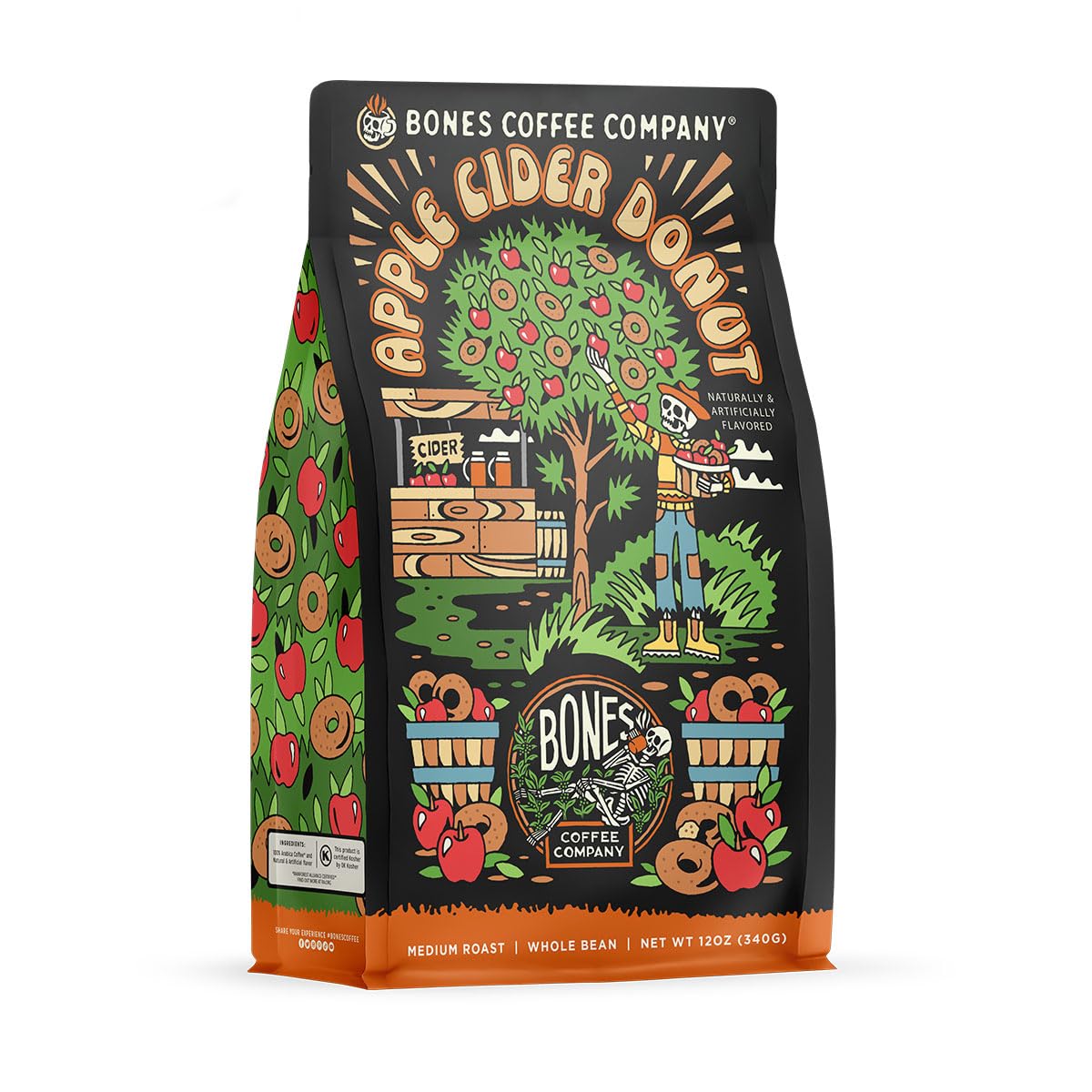 Bones Coffee Company – Café de grano molido Apple Cider Donut, café aromatizado, baja acidez, tostado medio, café gourmet, 355 gr (sabor dona de
