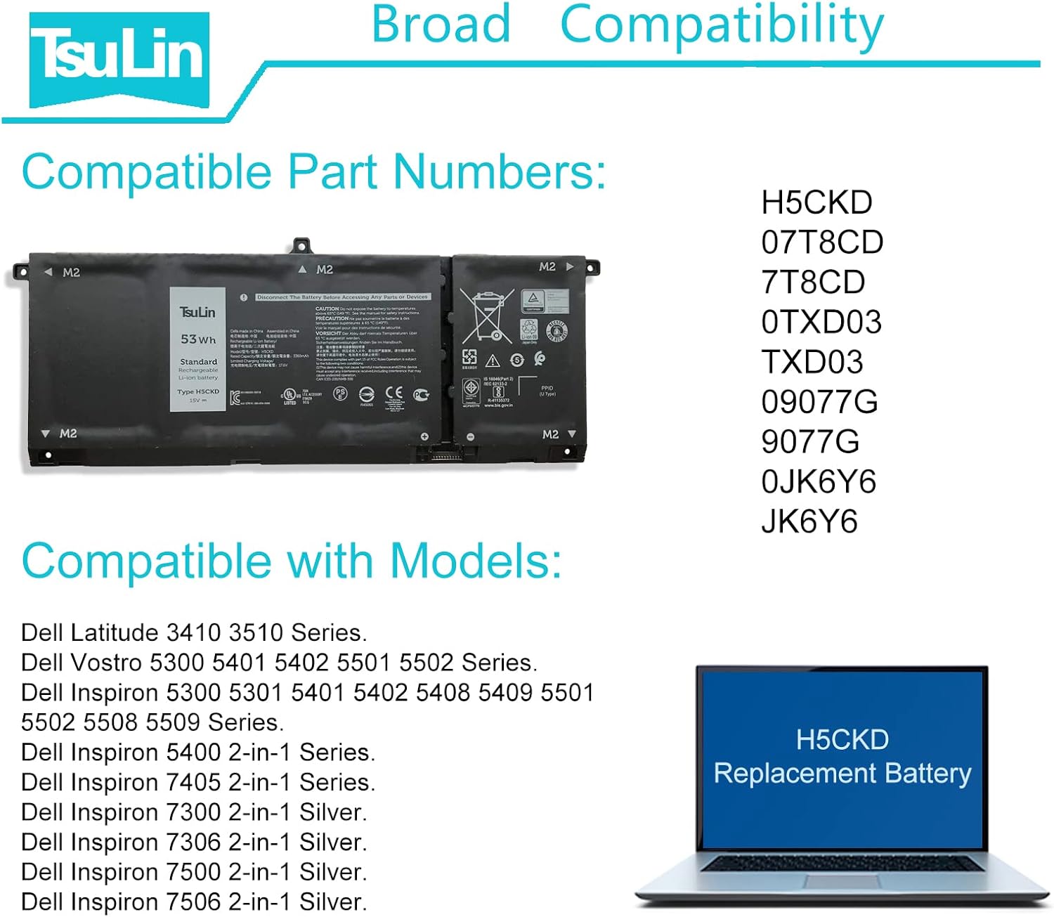 H5CKD – Batería para portátil compatible con Dell Latitude 3410 3510 Vostro 5300 5301 5401 5501 Inspiron 5300 5401 5408 5400 5406 5501 5508 7300
