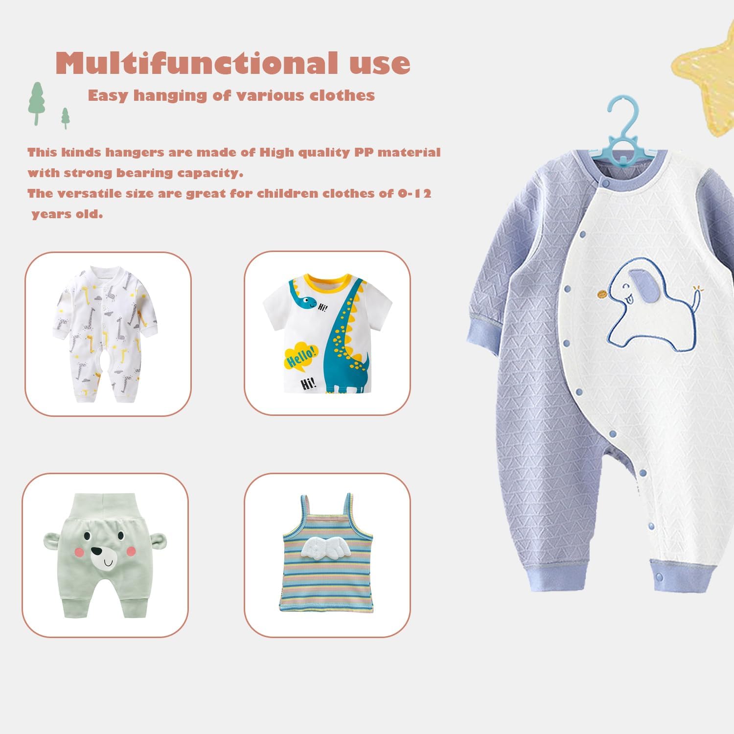 JSF – Perchas de armario para cuarto de bebé, 20 unidades, perchas de plástico blanco para niños, perchas ajustables de 11 a 14 pulgadas para recién