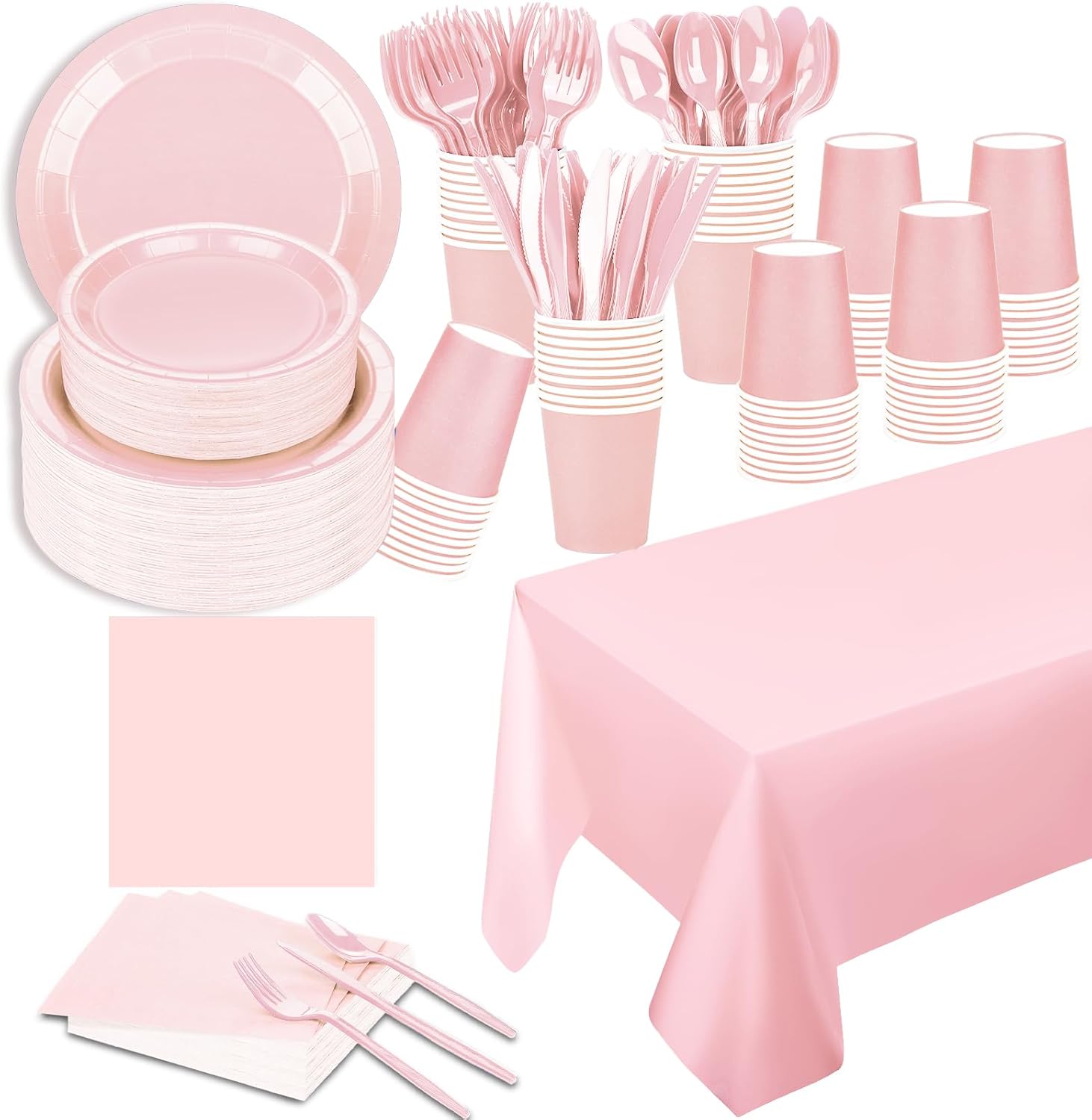 TWOWYHI Juego de 229 platos de papel rosa para fiestas, vasos, cucharas de plástico, tenedores, cuchillos, servilletas rosas, 30 juegos de vajilla