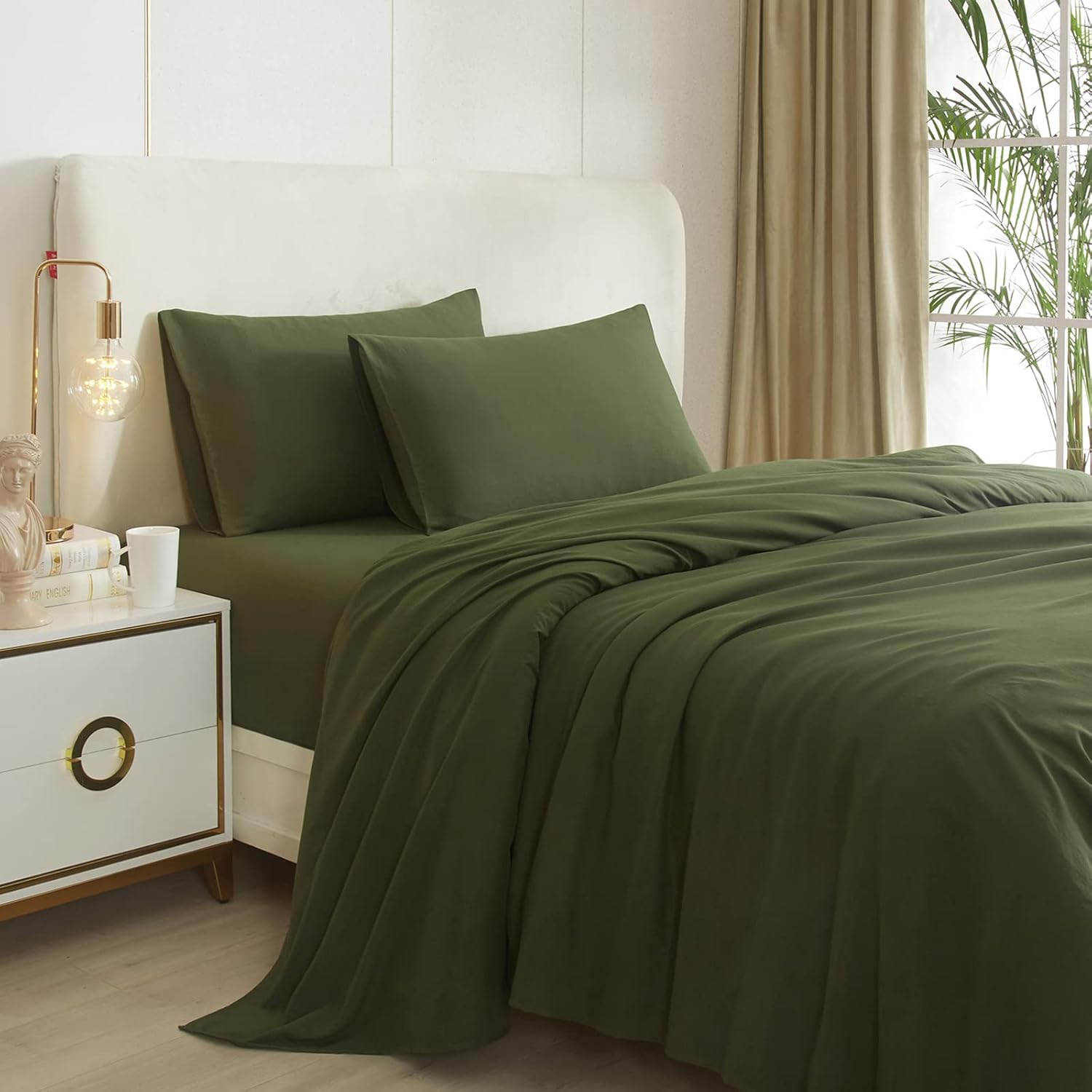 Juego de sábanas tamaño California King, color verde militar, sábanas refrescantes de 4 piezas para cama tamaño California King, sábanas y fundas de
