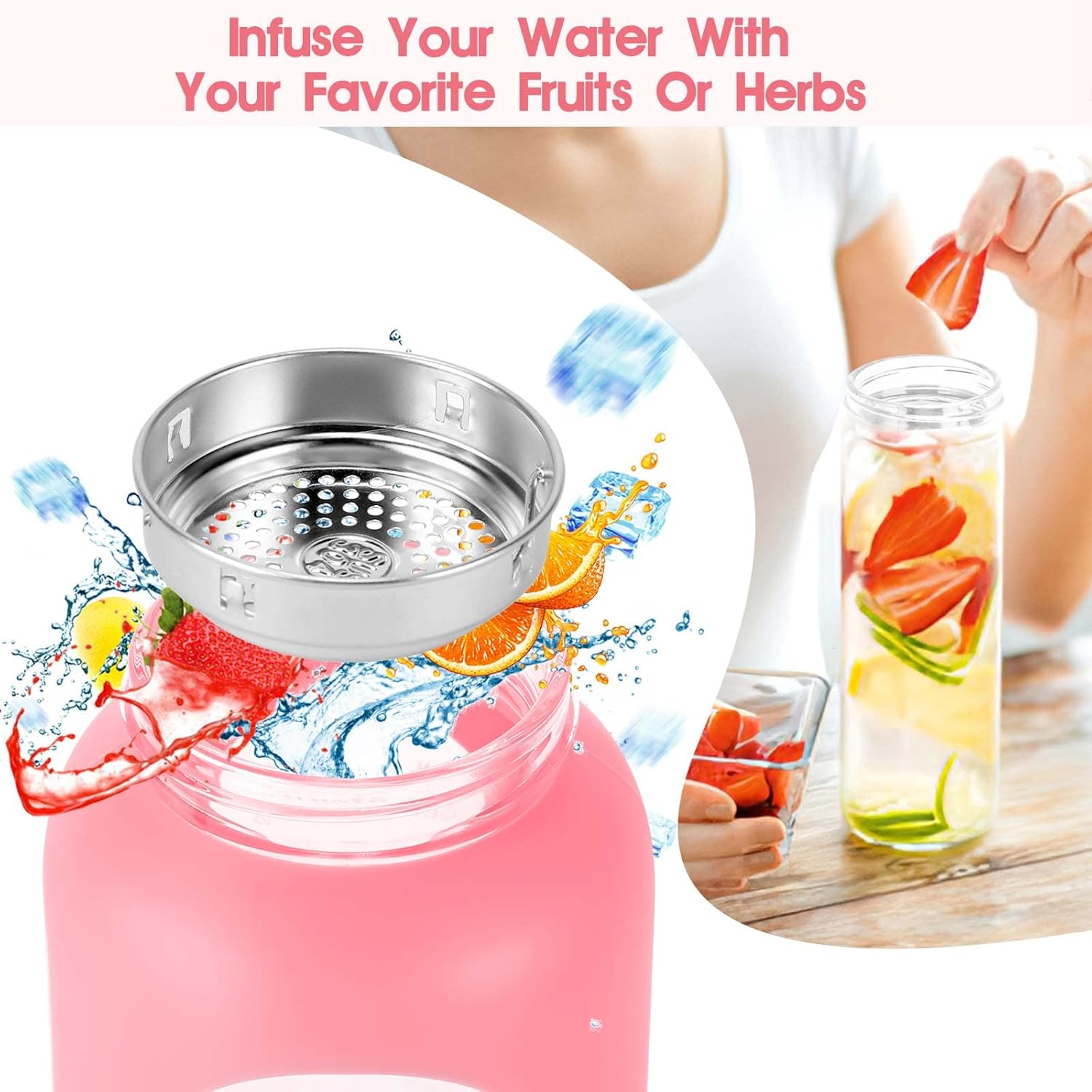 Botellas de agua de vidrio de 32 onzas con popote, botella de agua de vidrio motivacional con marcador de tiempo y funda de silicona, vaso de vidrio