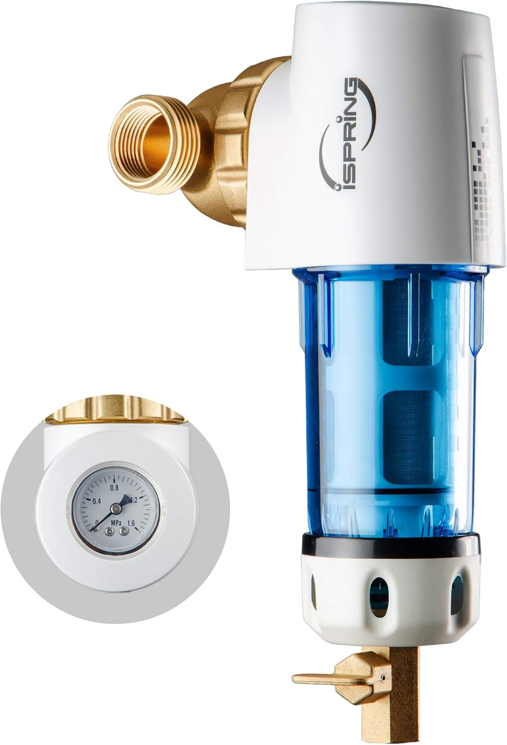 iSpring WSP100GR Reusable Spin Down Sediment Water Filter 100 Micron with Built-in Housing Scraper, 360 Rotatable Head, Pressure Gauge, Blue