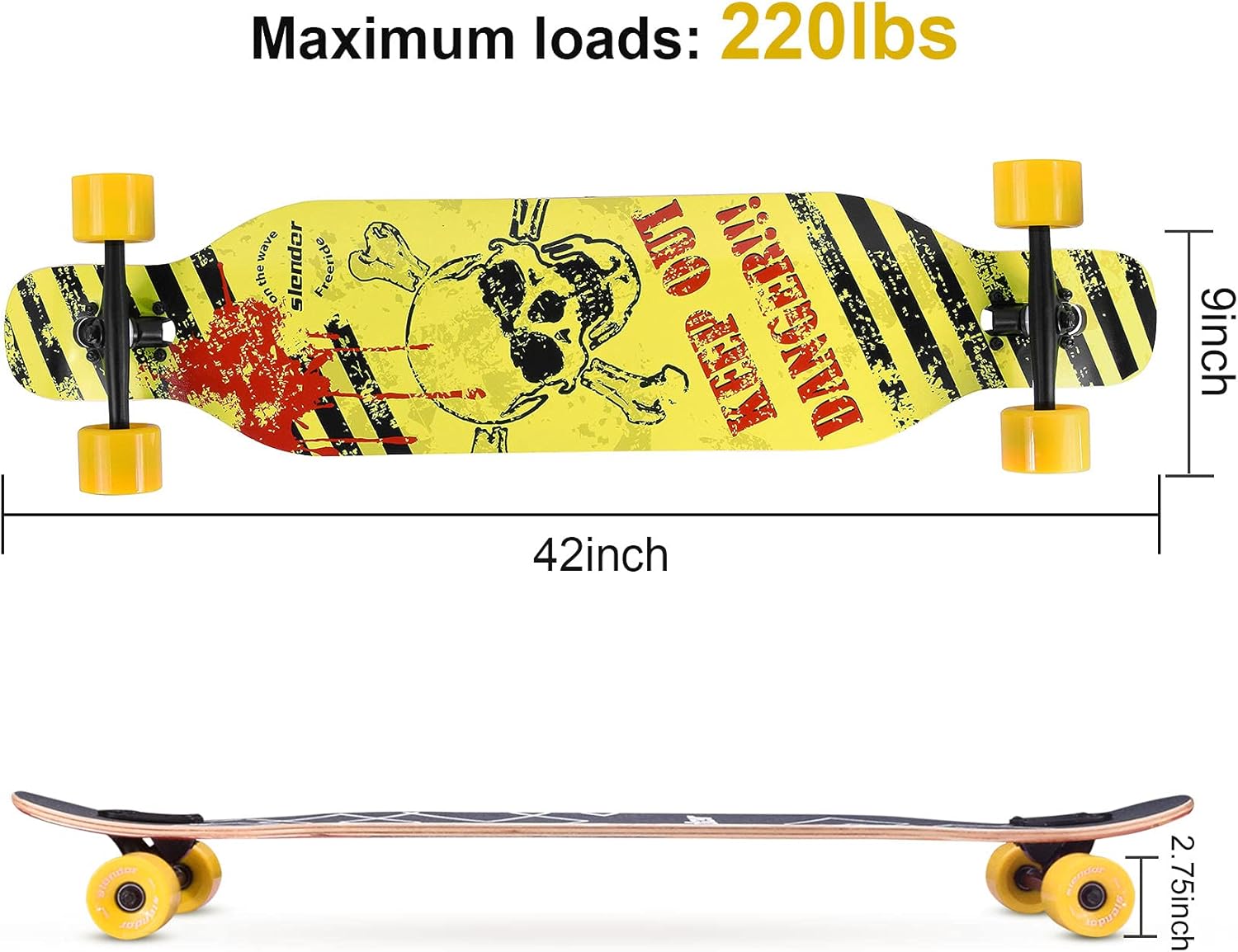Slendor – patineta longboard de madera de arce (42.0in), para freestyle, curvatura cóncava