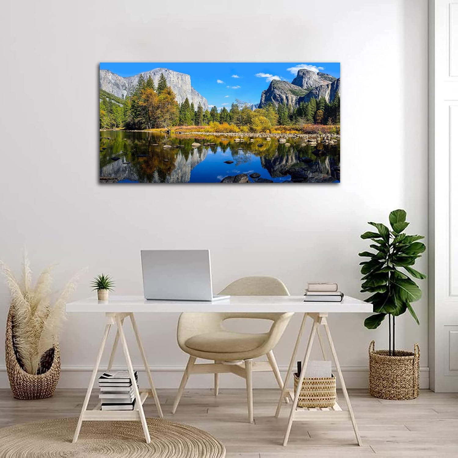 Lienzo grande para pared, paisaje de montaña y lago, arte en lienzo sobre el parque nacional de Yosemite, bosque verde, lago azul, agua, arte