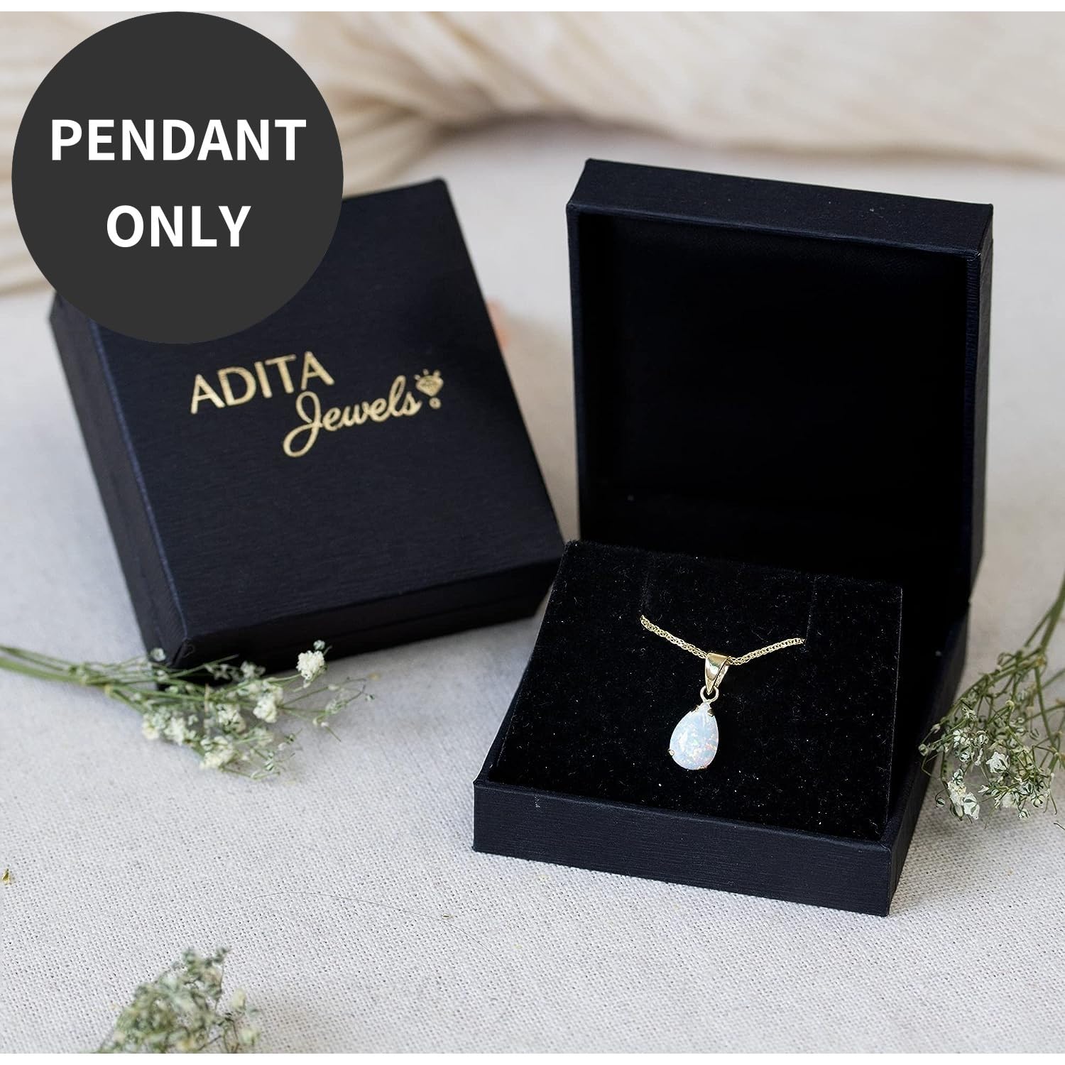 14K Gold White Opal Pendant – Dainty Pear-Shape Teardrop Pendant, 7x10mm 14K Solid Yellow Gold Pendant, October Birthstone Opal Gemstone – Handmade