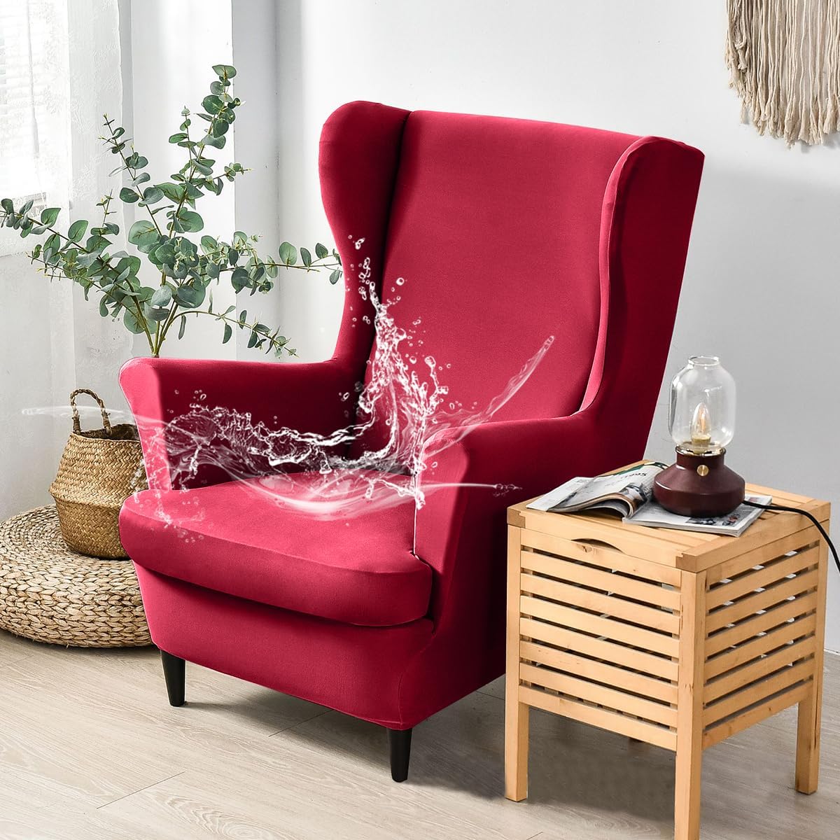 Morbuy Funda impermeable para silla con respaldo de ala, 2 piezas, lavable, elástica, con brazos, para sala de estar, dormitorio (rojo borgoña)