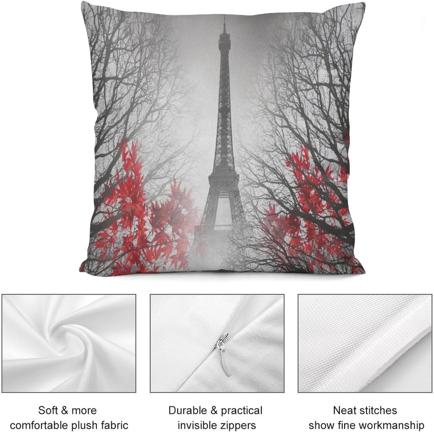 Juego de 1 fundas de cojín de felpa para sofá, Torre Eiffel París, hoja roja y blanca, 26 x 26 pulgadas