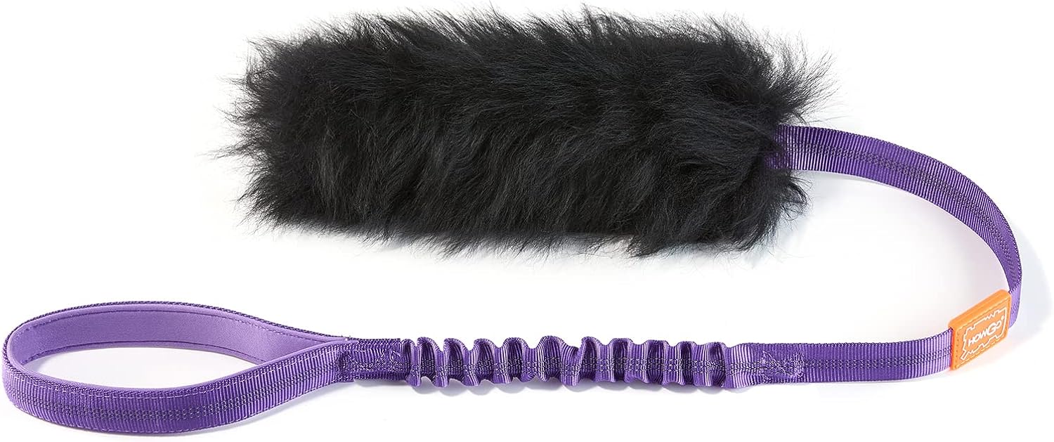 HOWGO Juguete de cuerda para perro, juguete Bungee Chaser 100% piel de oveja, juguete de remolcador con olor de oveja para todas las razas (morado,
