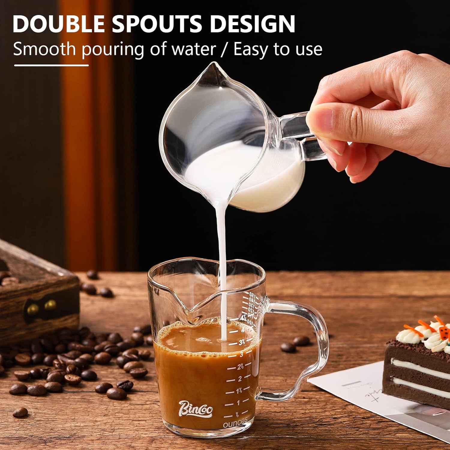 BINCOO Tazas de café expreso de 5.1 fl oz con mango y doble escala, 4.05 onzas, vaso de medición de vidrio de doble boquilla, taza de leche para