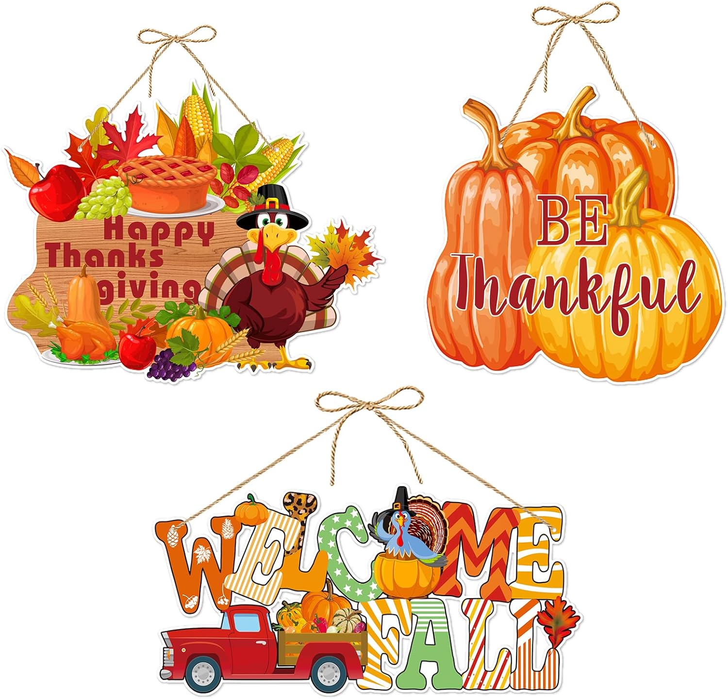 Decoración de otoño para colgar en la puerta delantera del hogar de Acción de Gracias, 3 piezas de otoño, calabaza, pavo, hojas de papel naranja,