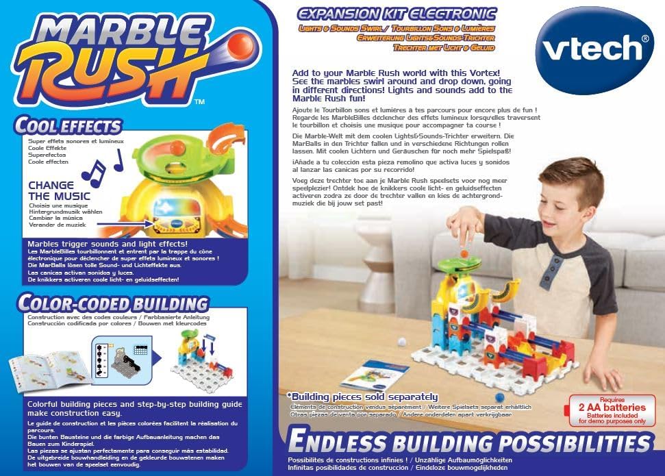 VTech – Marble Rush, circuito electrónico de bolas de expansión Tourbillon sonidos y luces, juego de construcción, 4 piezas, 3 bolas, regalo para