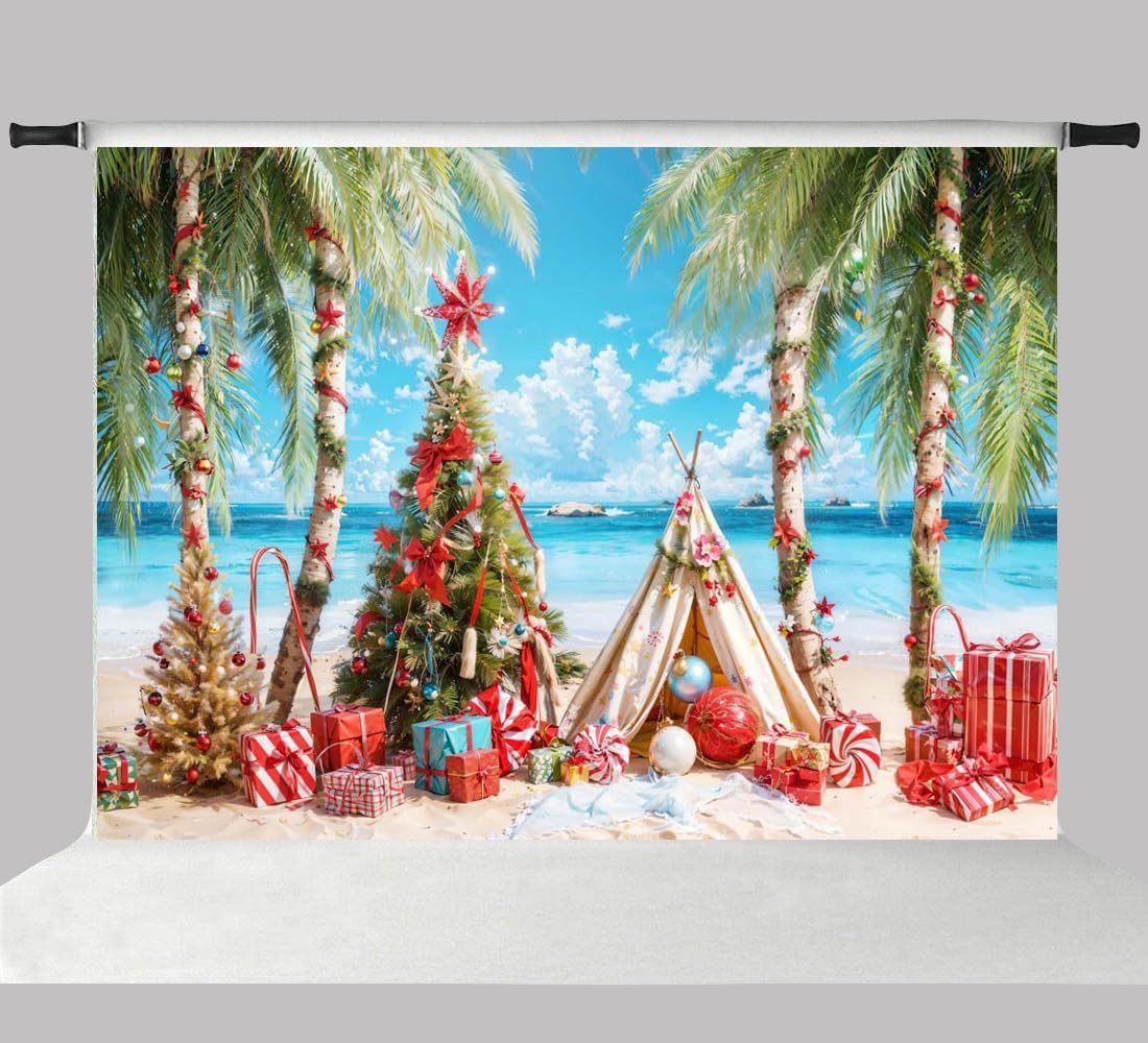Kate Caja de playa de 10 x 6.5 pies, cuentas rojas, fondos para fotografía, tienda de campaña de palmera, decoración de árbol de Navidad, fondo