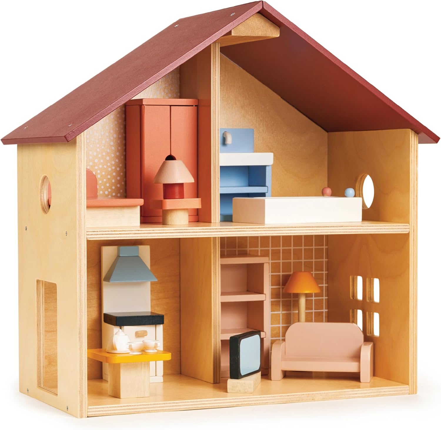 Casa de muñecas de madera totalmente amueblada, casa de muñecas compacta para niños pequeños con diseño abierto, gran regalo para niños pequeños que