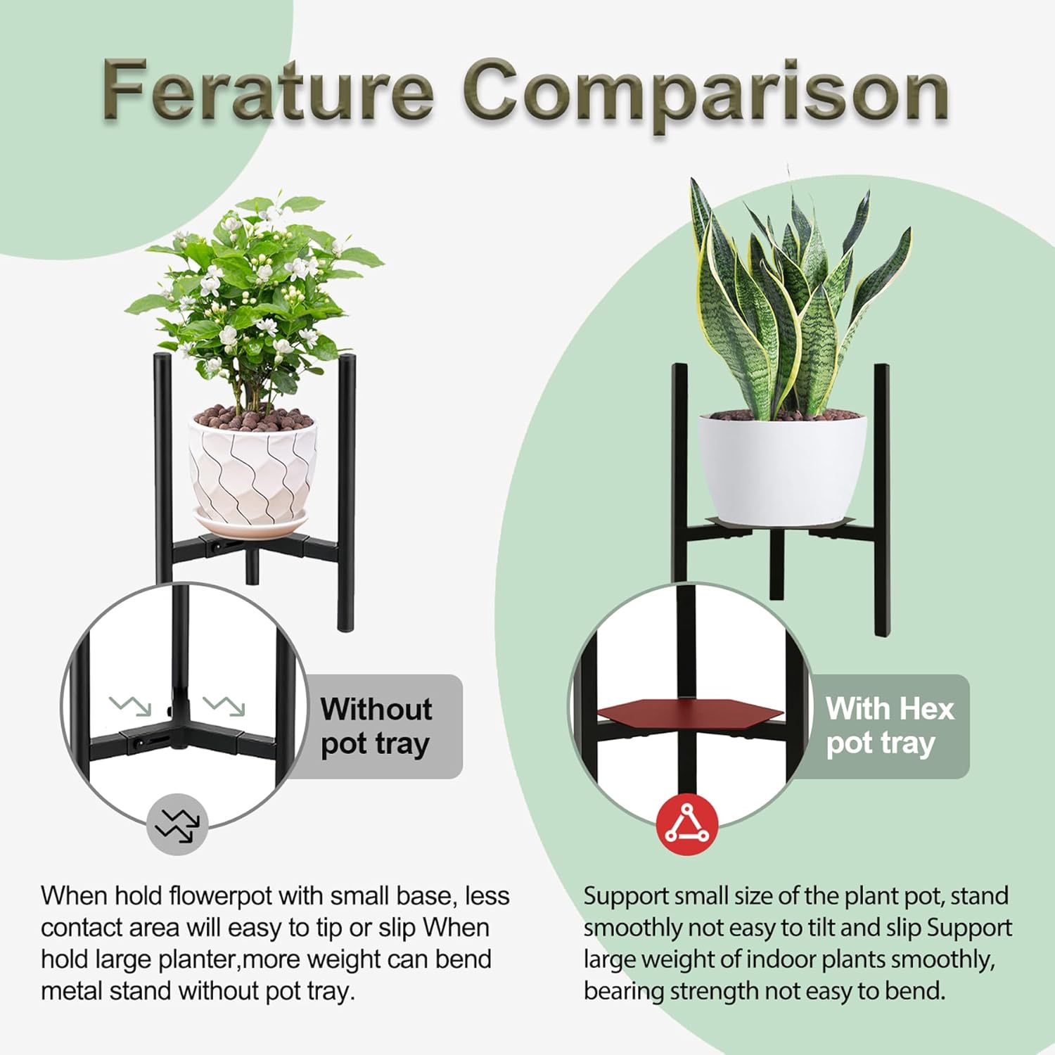 TUSPEU Soporte ajustable para plantas, soporte de metal para macetas con bandejas hexagonales, soporte para macetas de mediados de siglo, soporte