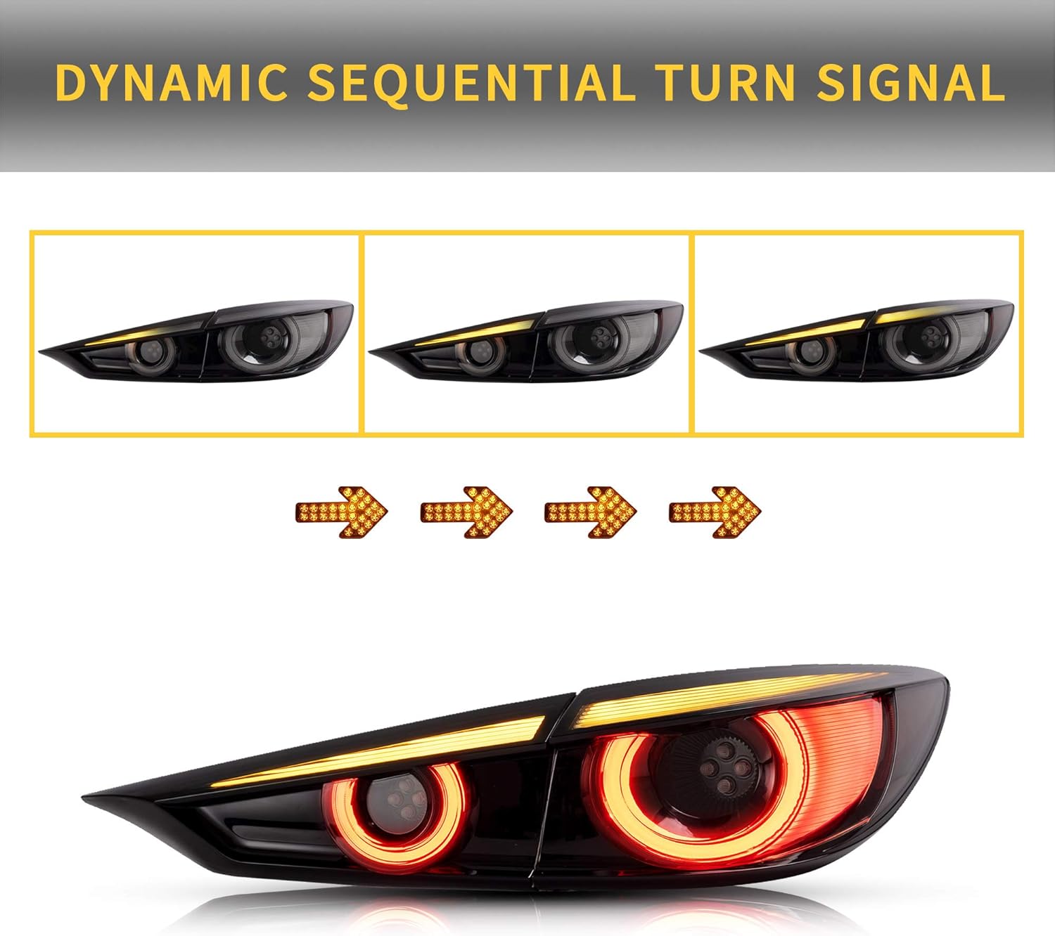 VLAND – Luces traseras LED secuenciales compatibles con Mazda 3 Axela 2014-2018, montaje de lámpara trasera LED de freno de marcha atrás, lente