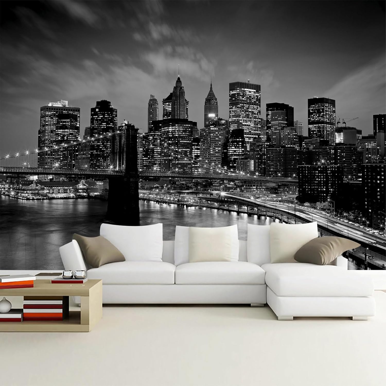 Mural de pared del puente de Brooklyn, papel tapiz fotográfico de paisaje negro de la ciudad de Nueva York para sala de estar y dormitorio (no se