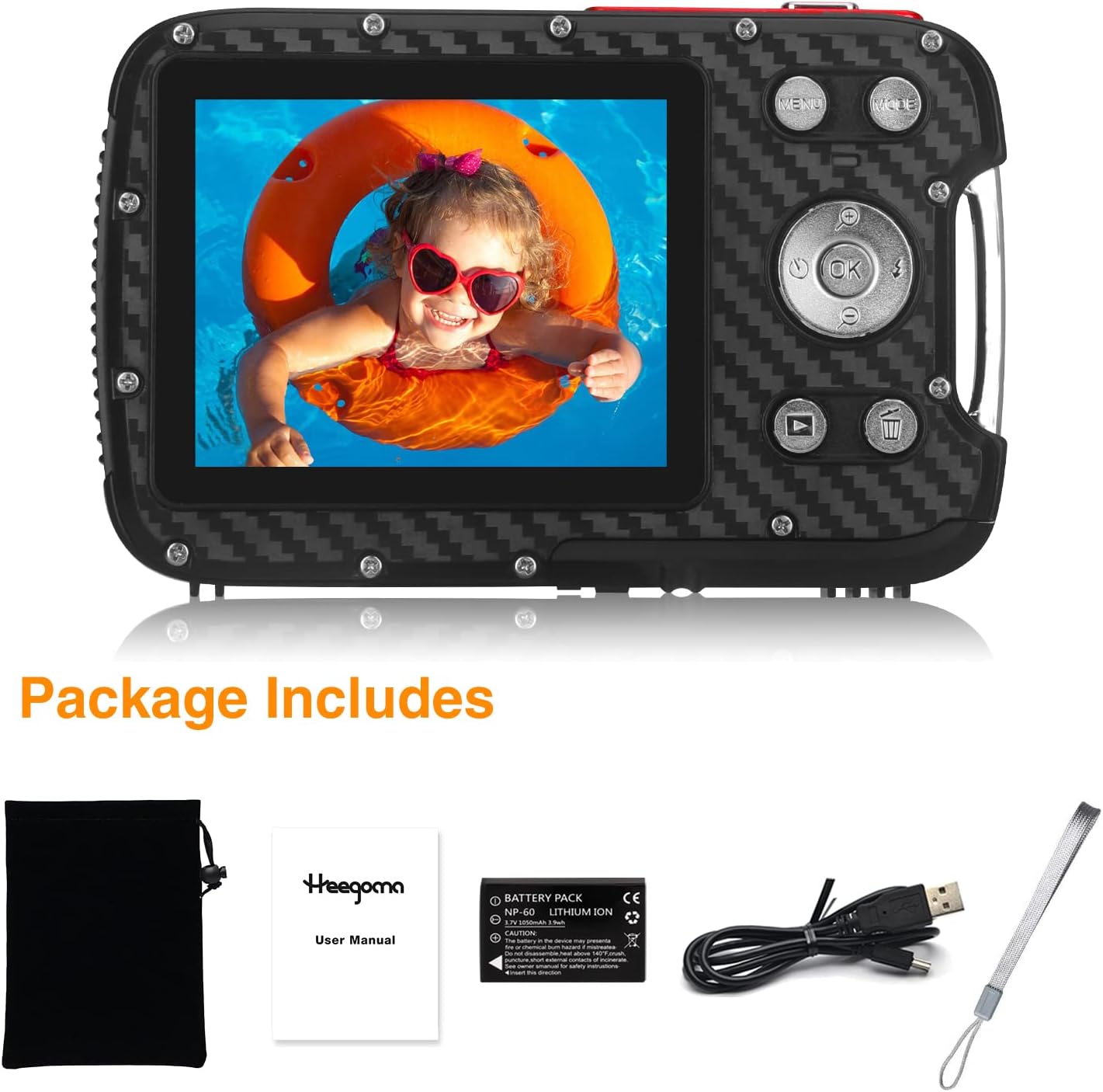 Cámara digital impermeable, cámara subacuática de 17 pies, LCD de 2.8 pulgadas, HD1080P 30MP videocámara para niños con tarjeta de 32G y batería