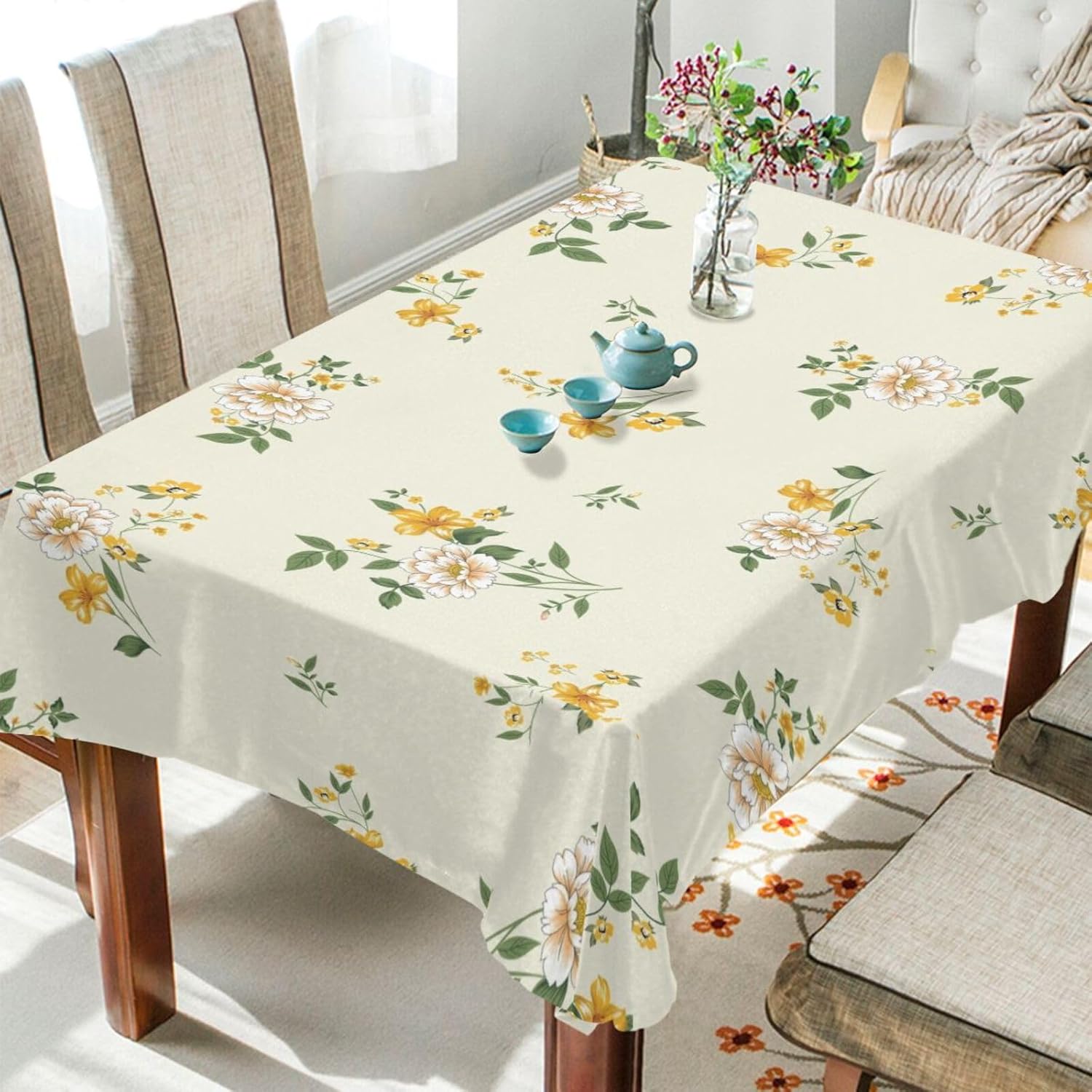ZOEO Mantel rectangular con estampado de flores sobre amarillo, moderno, mantel de cocina y comedor, mantel decorativo lavable para fiestas, picnic,