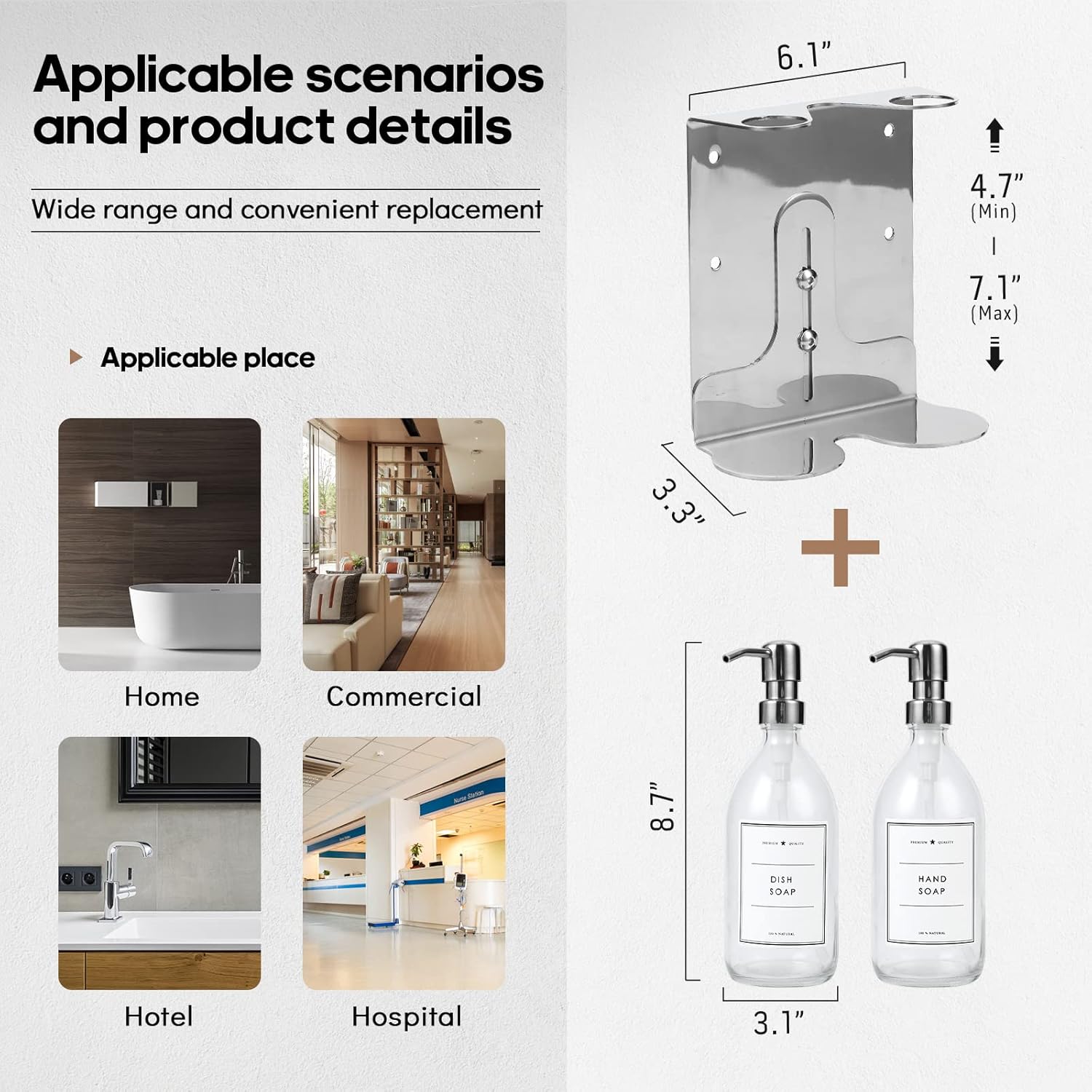 Dispensador de jabón de vidrio montado en la pared, dispensador de jabón de ducha sin taladro, dispensador de jabón de manos con soporte ajustable