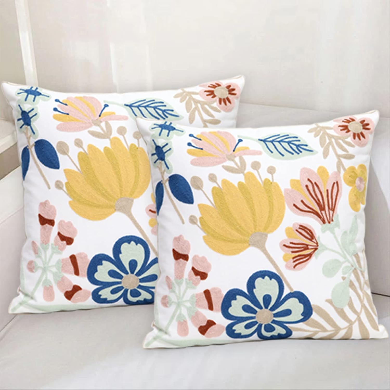 Pilmandu Paquete de 2 fundas de almohada decorativas bordadas de 18 x 18 pulgadas, fundas de almohada florales de granja para sala de estar, sofá