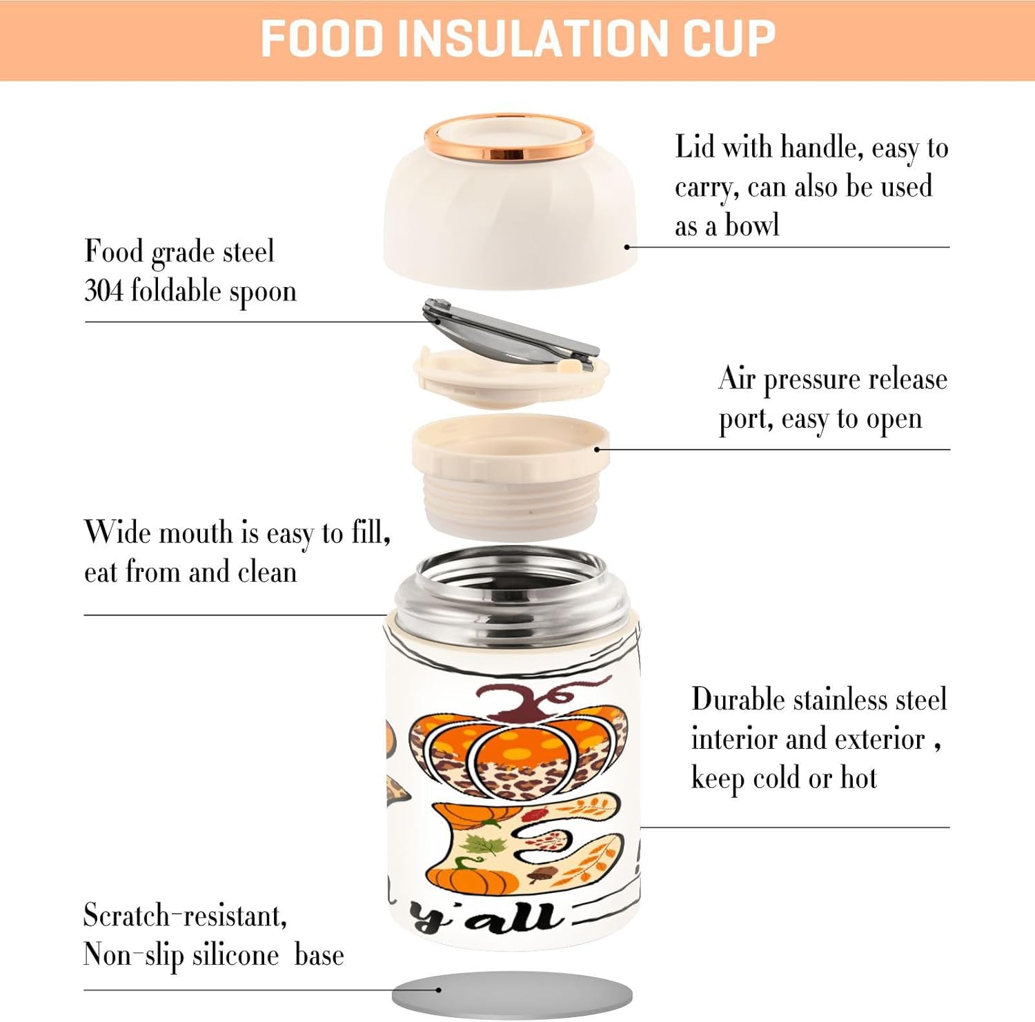 Love Fall Y’all Design Thermos Food Jar for Hot and Cold, Crastive Autumn Season Insulated Hot Food Jars Vacuum 17OZ with Folding Spoon for School