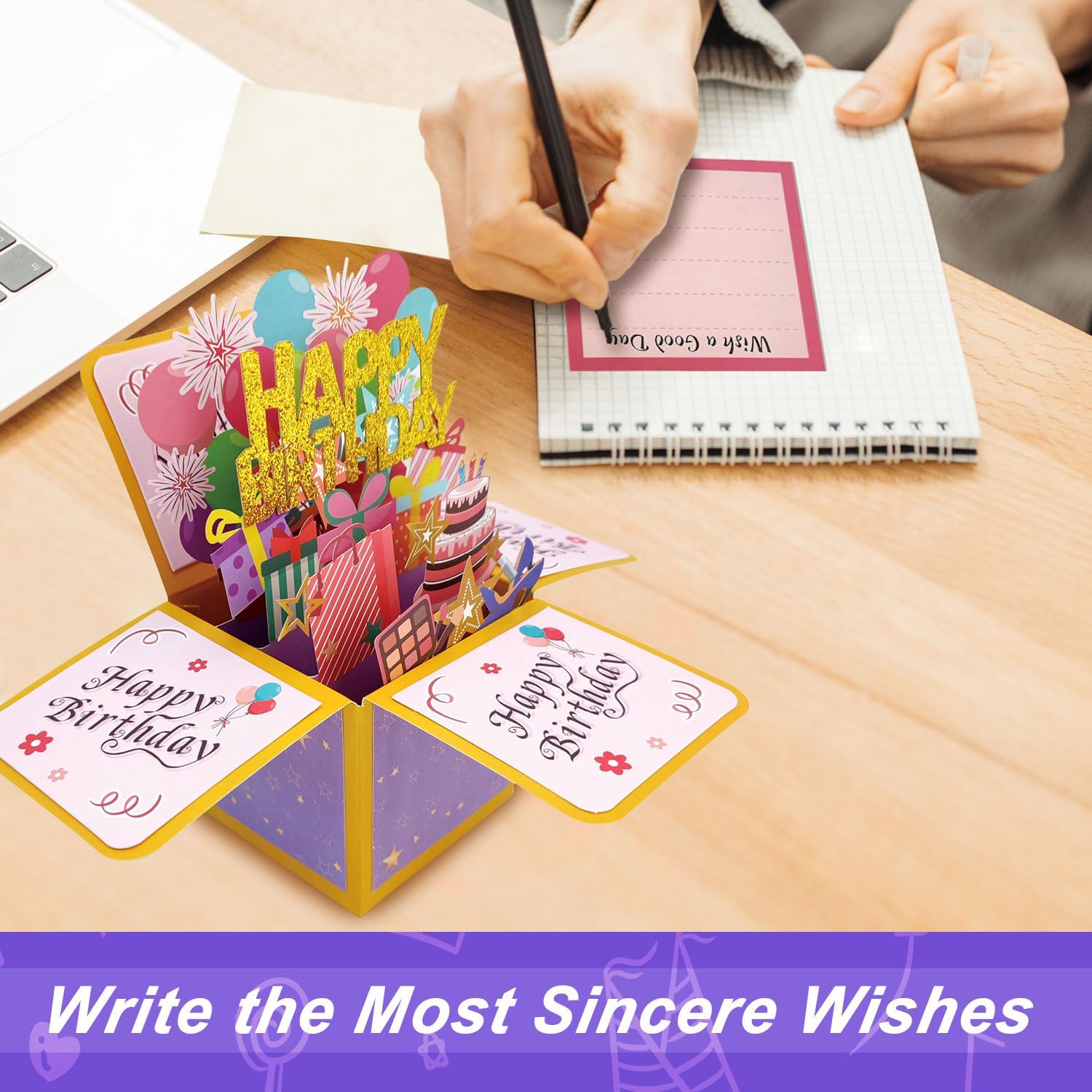 Tarjetas de cumpleaños para mujer, tarjeta desplegable de feliz cumpleaños, tarjeta de felicitación 3D de cumpleaños con tarjeta de notas en blanco