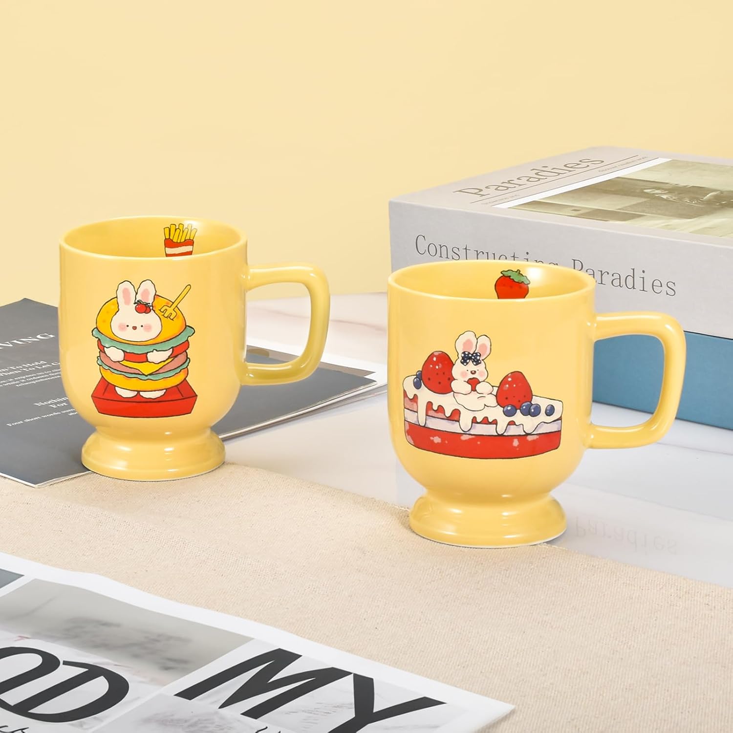 Taza de café de cerámica, tazas y tazas creativas con patrón de conejo y pastel, forma única de taza de 10 onzas para café con leche, capuchino,
