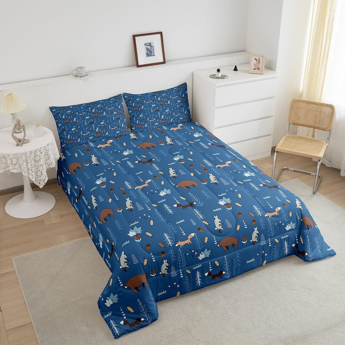 Juego de edredón de oso tamaño individual, juego de ropa de cama de animales de dibujos animados azul marino para niños, lindo juego de edredón de